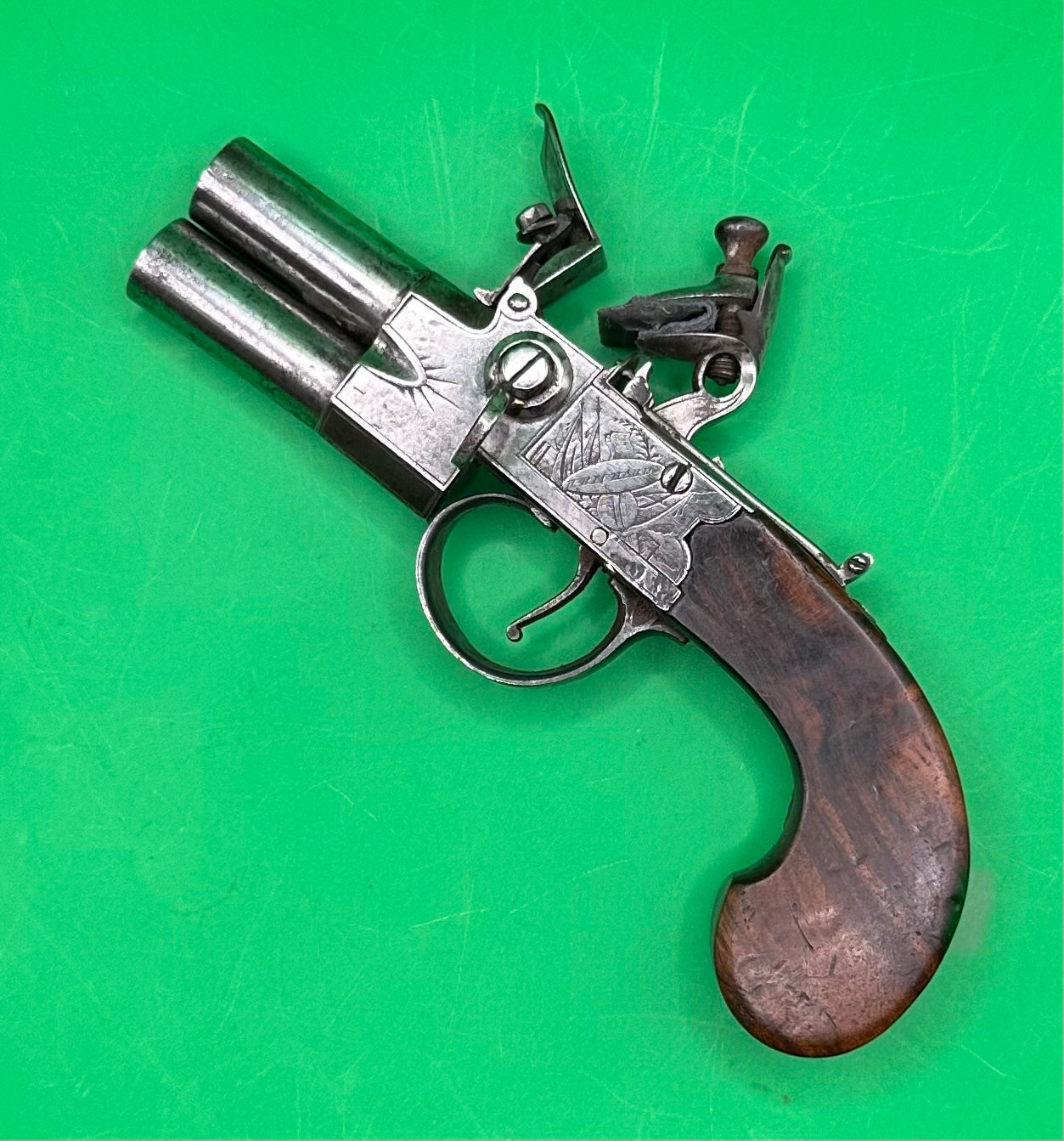 Tap Action Double Barreled Flintlock Pocket Pistol