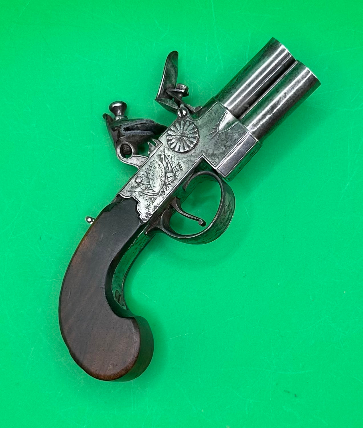 Tap Action Double Barreled Flintlock Pocket Pistol