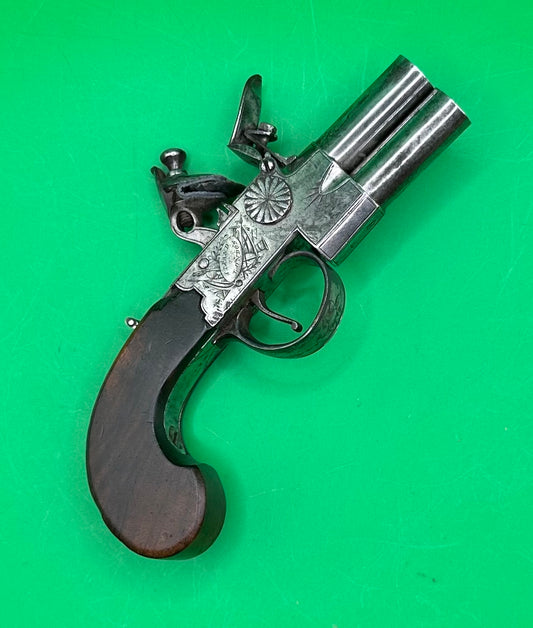 Tap Action English Double Barrelled Flintlock Pocket Pistol