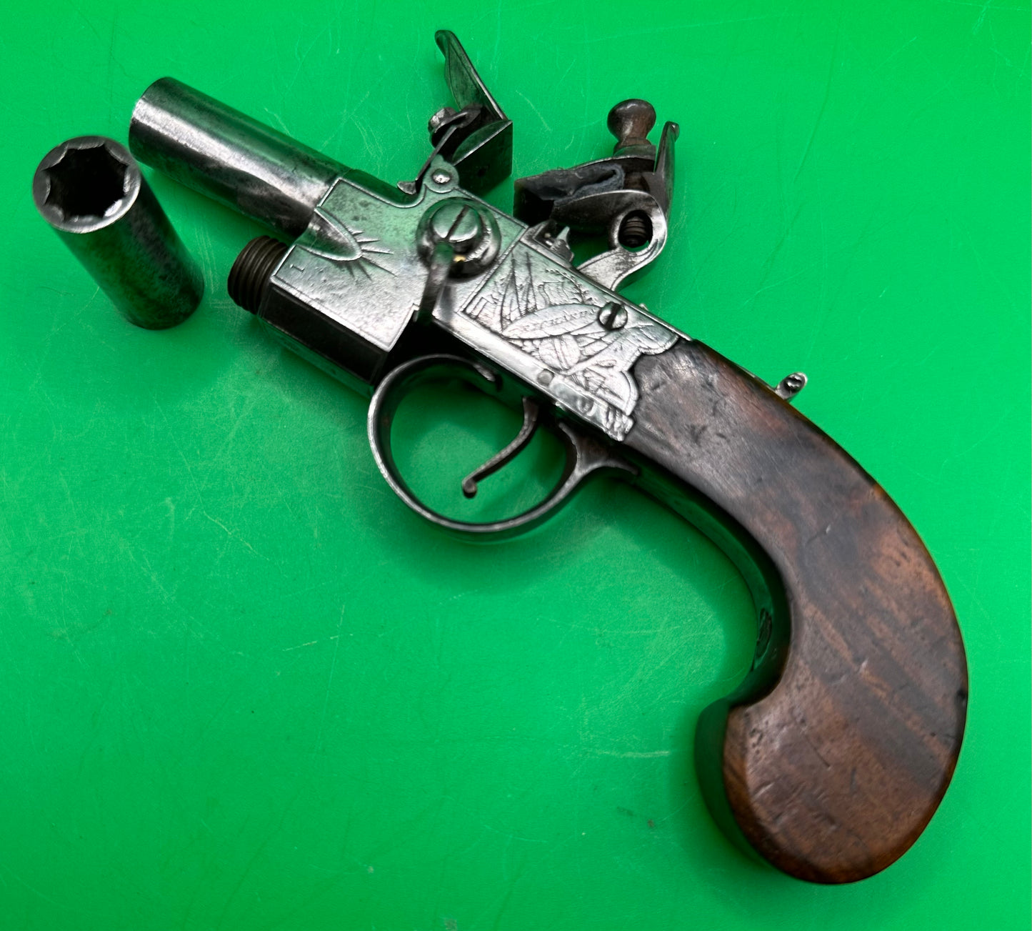 Tap Action Double Barreled Flintlock Pocket Pistol