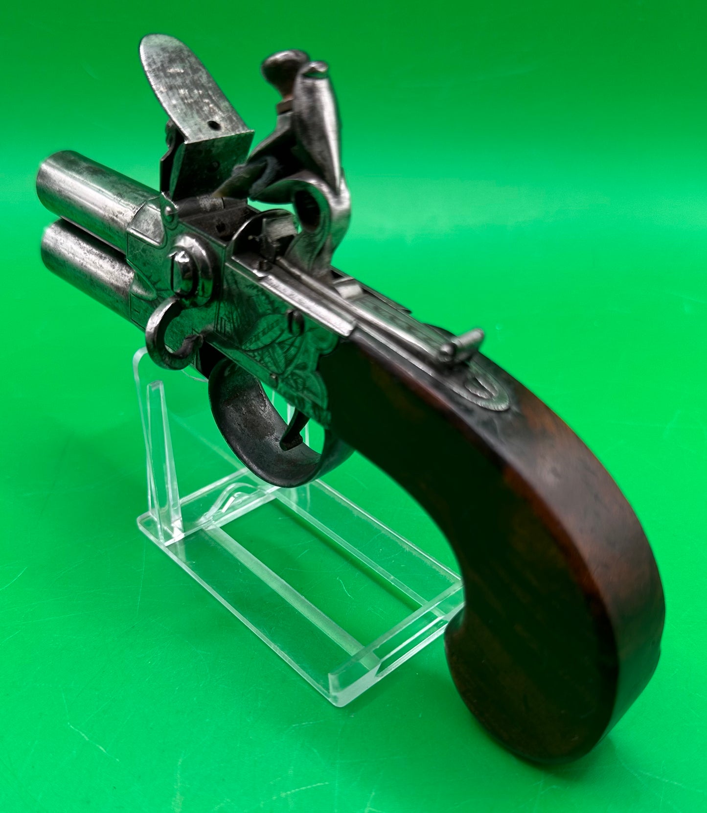 Tap Action Double Barreled Flintlock Pocket Pistol
