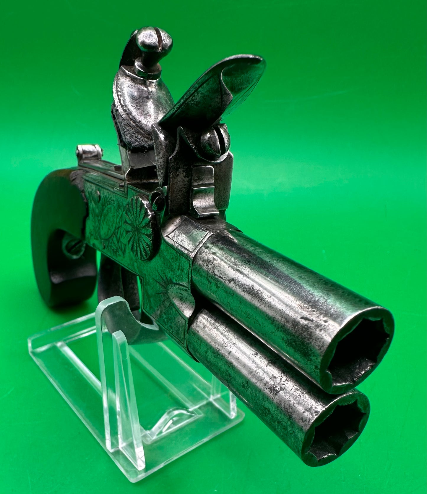 Tap Action Double Barreled Flintlock Pocket Pistol