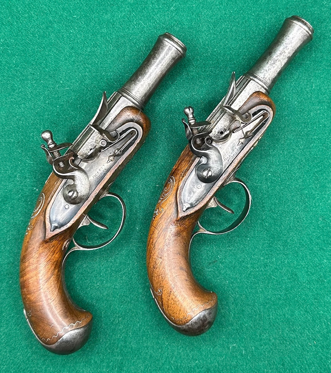 Crisp Pair Of French Flintlock Overcoat Pistols By Delety