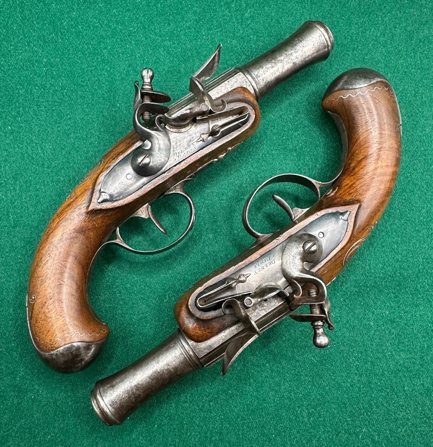 Crisp Pair Of French Flintlock Overcoat Pistols By Delety