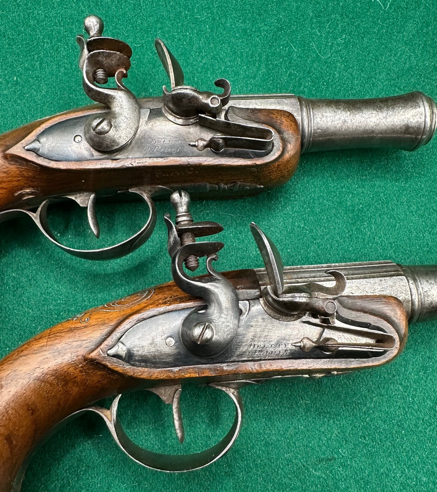 Crisp Pair Of French Flintlock Overcoat Pistols By Delety