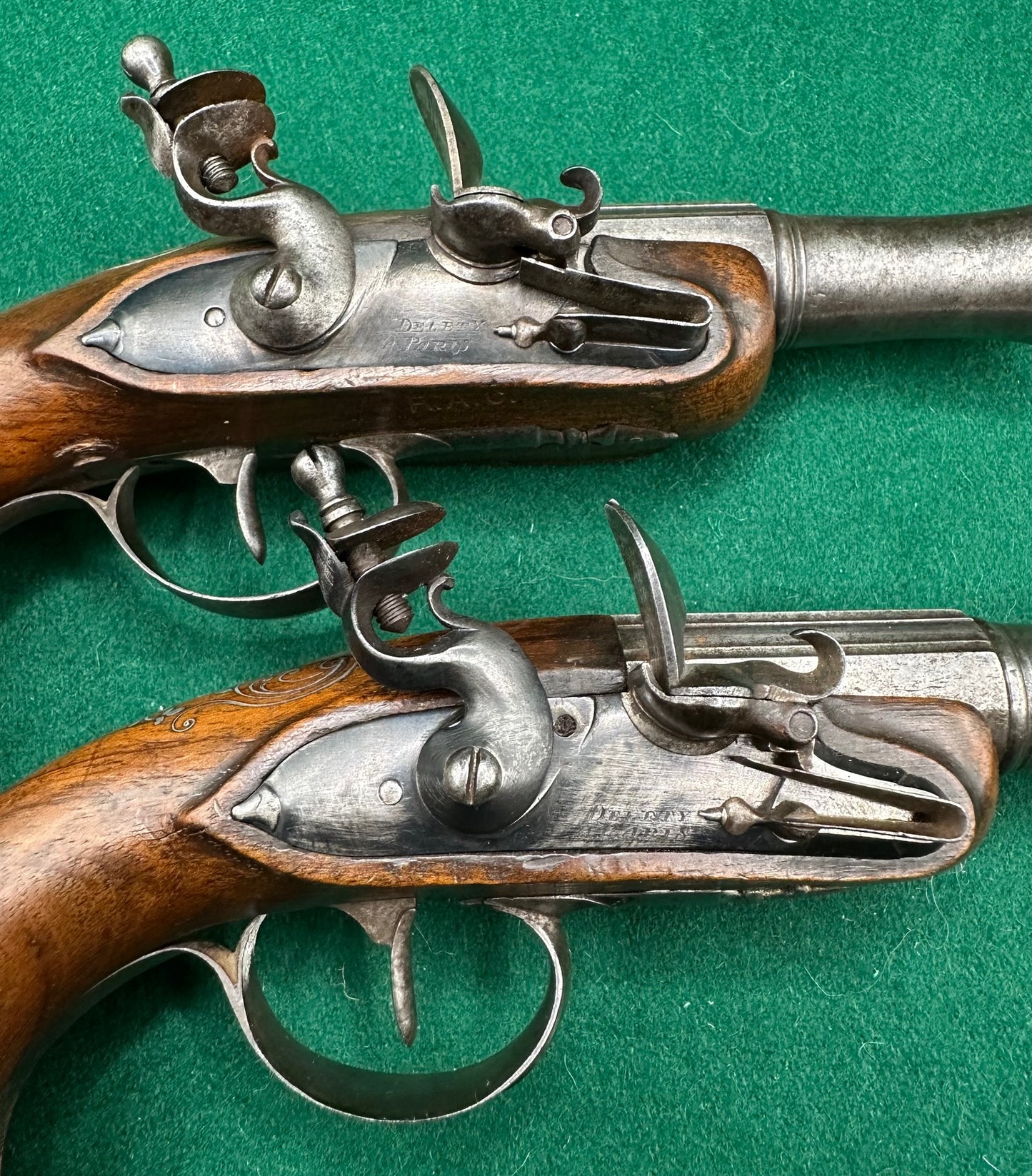 Crisp Pair Of French Flintlock Overcoat Pistols By Delety