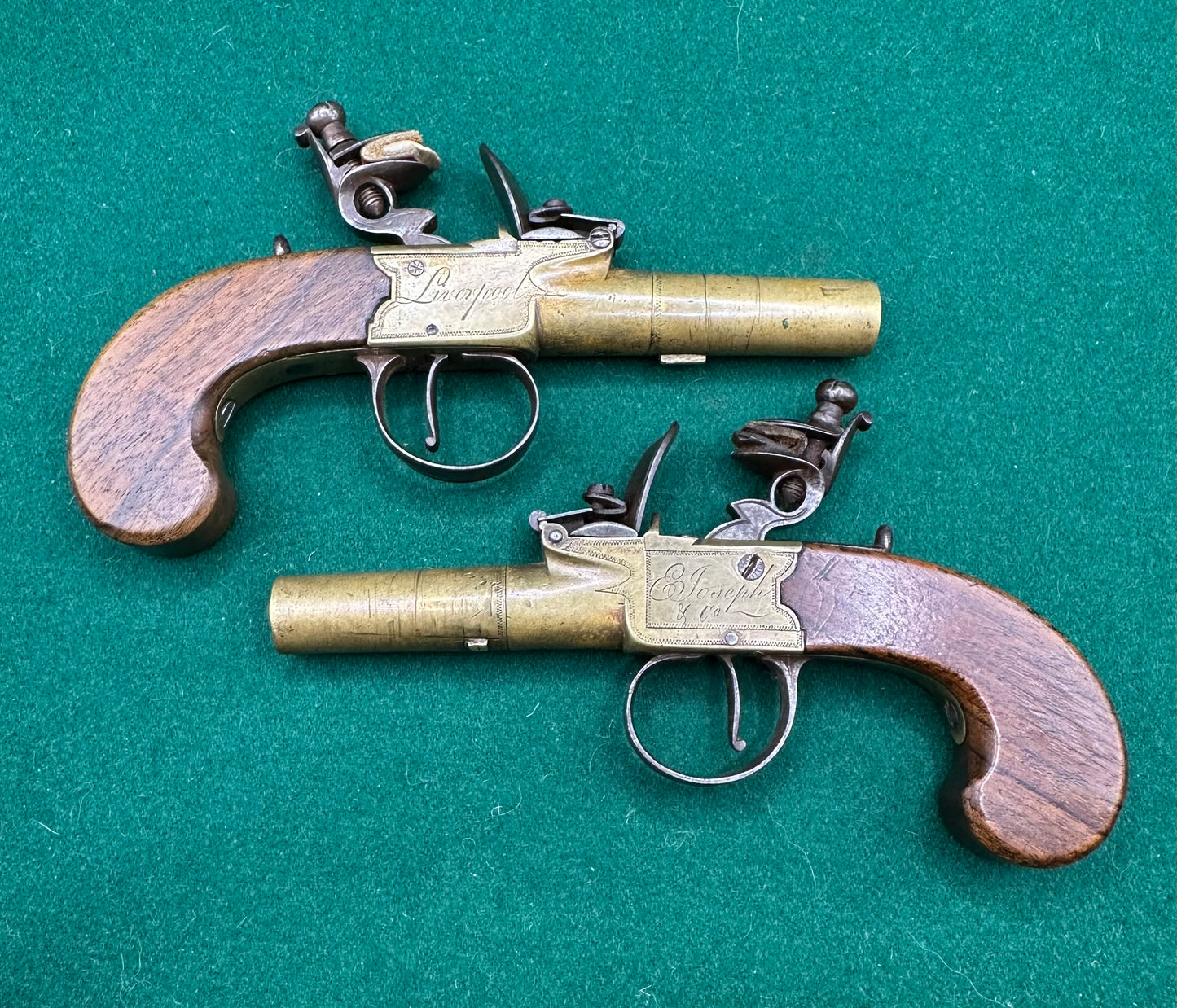 Pair Of All Brass Flintlock Pocket Pistols E Joseph, Liverpool
