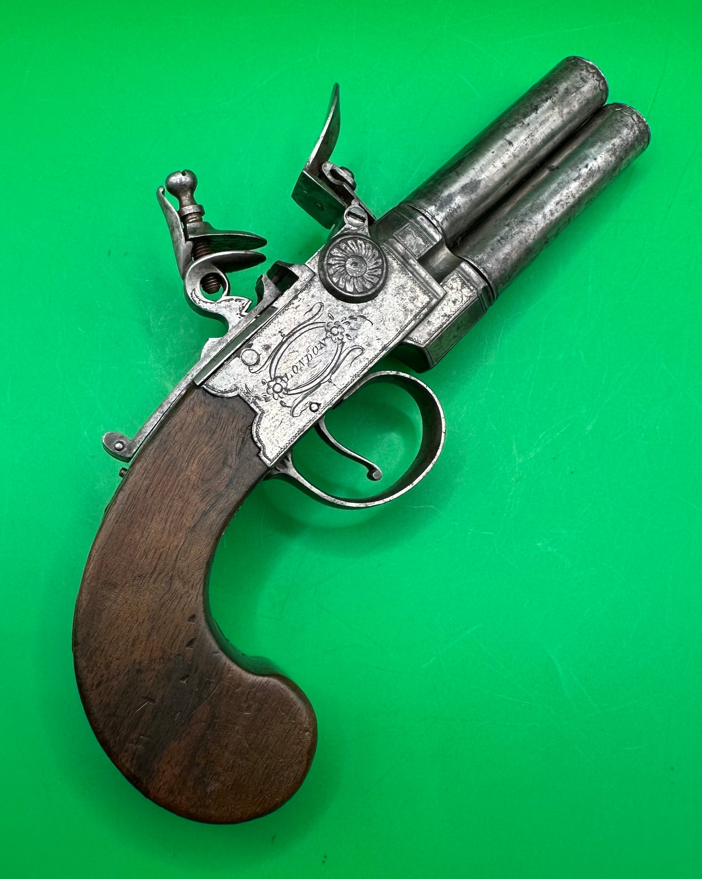 Tap Action Double Barreled Flintlock Pistol By P. Bond