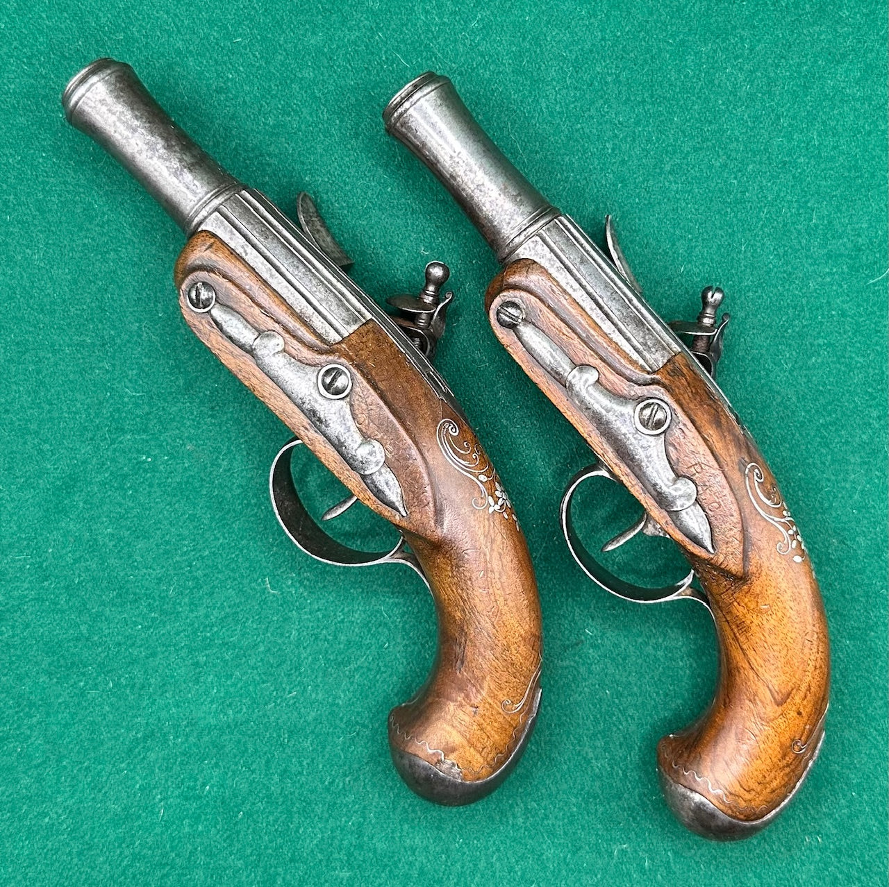 Crisp Pair Of French Flintlock Overcoat Pistols By Delety