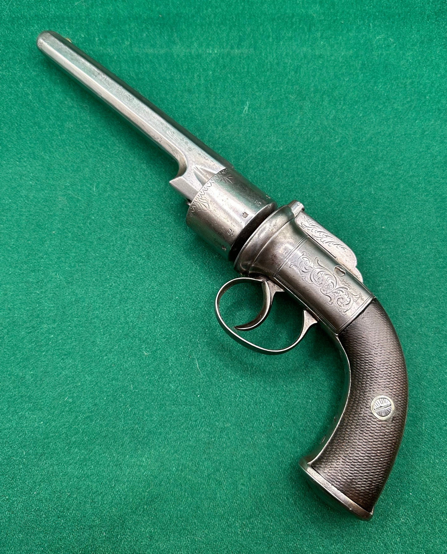 A large Oak Cased Percussion Cap Transitional Revolver