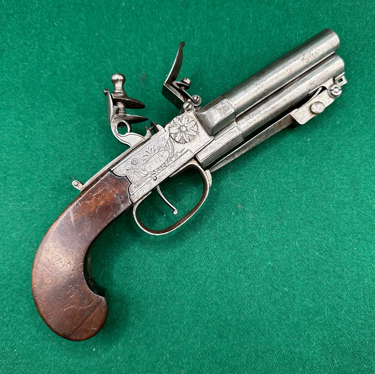 Rare Triple Barrelled Boxlock Flintlock Pistol With Underslung Spring Bayonet