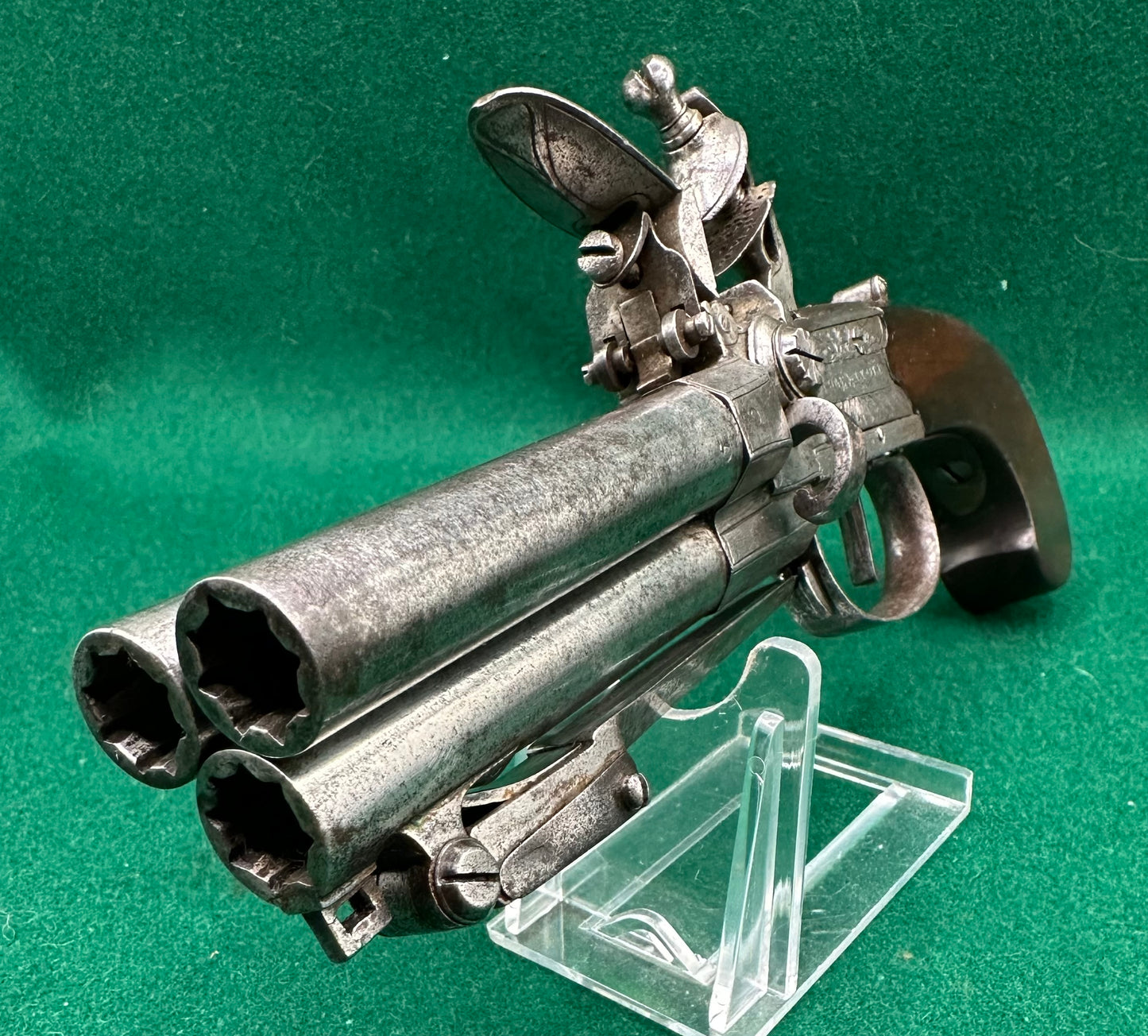 Rare Triple Barrelled Boxlock Flintlock Pistol With Underslung Spring Bayonet