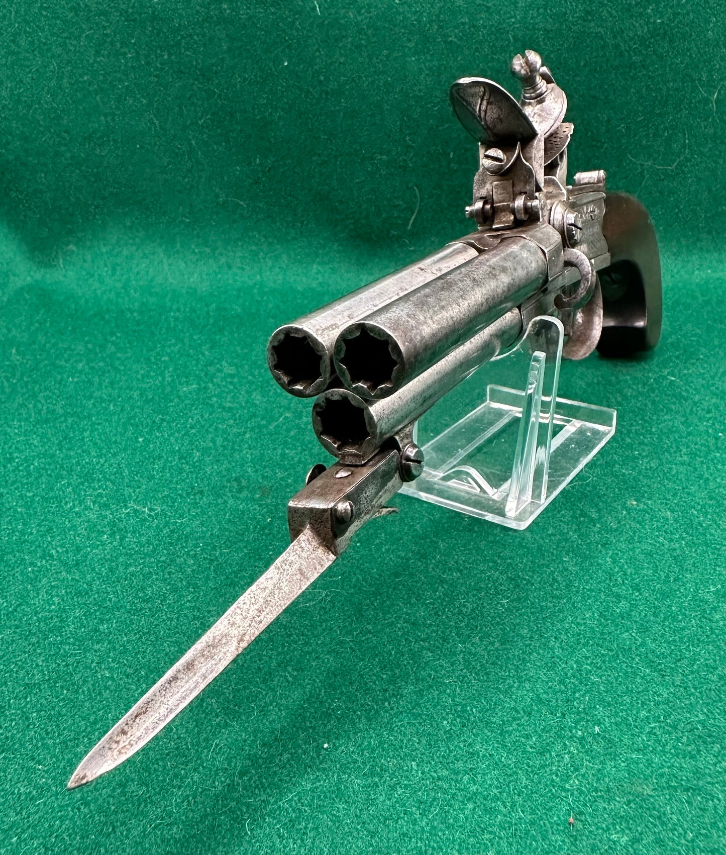 Rare Triple Barrelled Boxlock Flintlock Pistol With Underslung Spring Bayonet