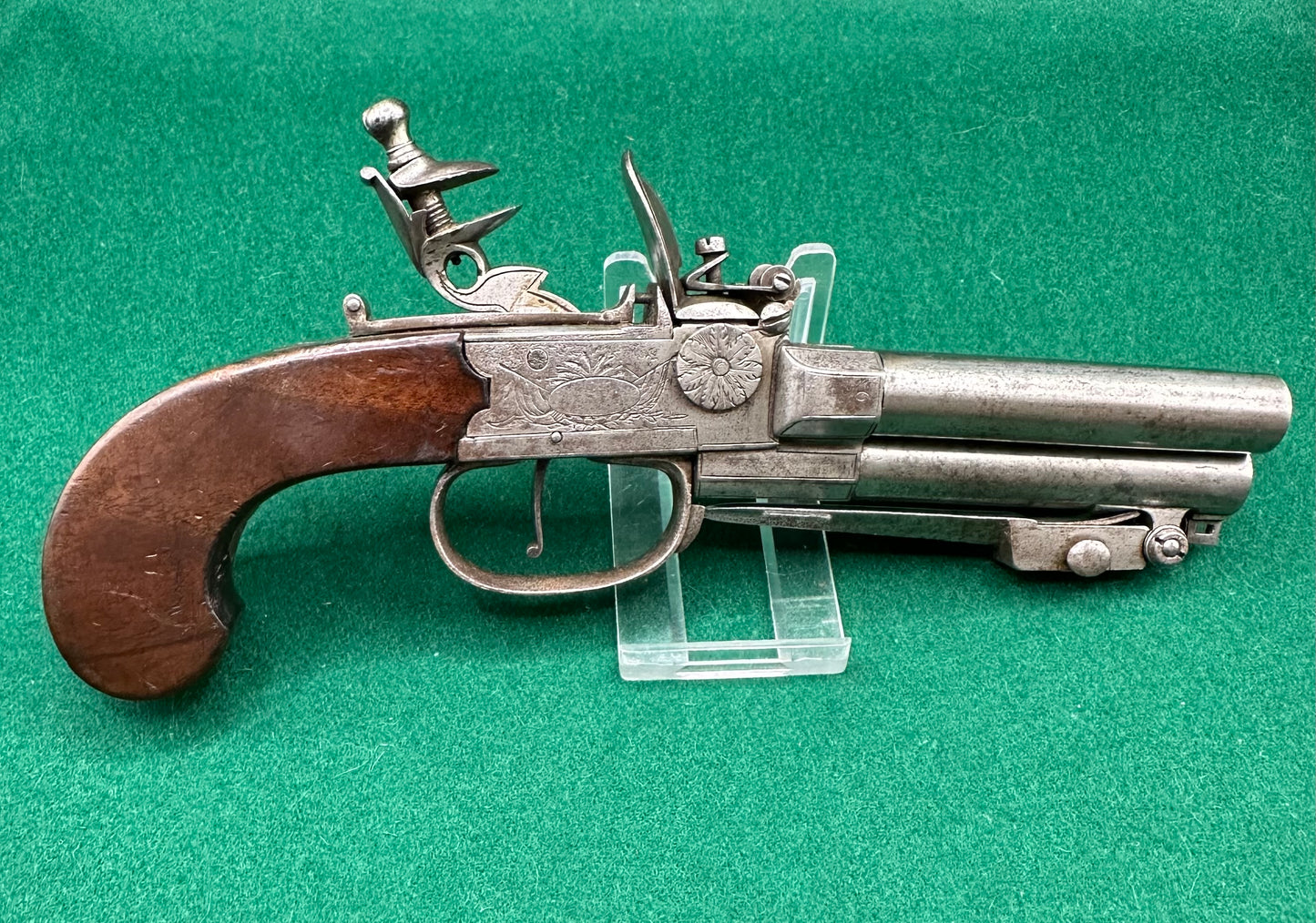 Rare Triple Barrelled Boxlock Flintlock Pistol With Underslung Spring Bayonet