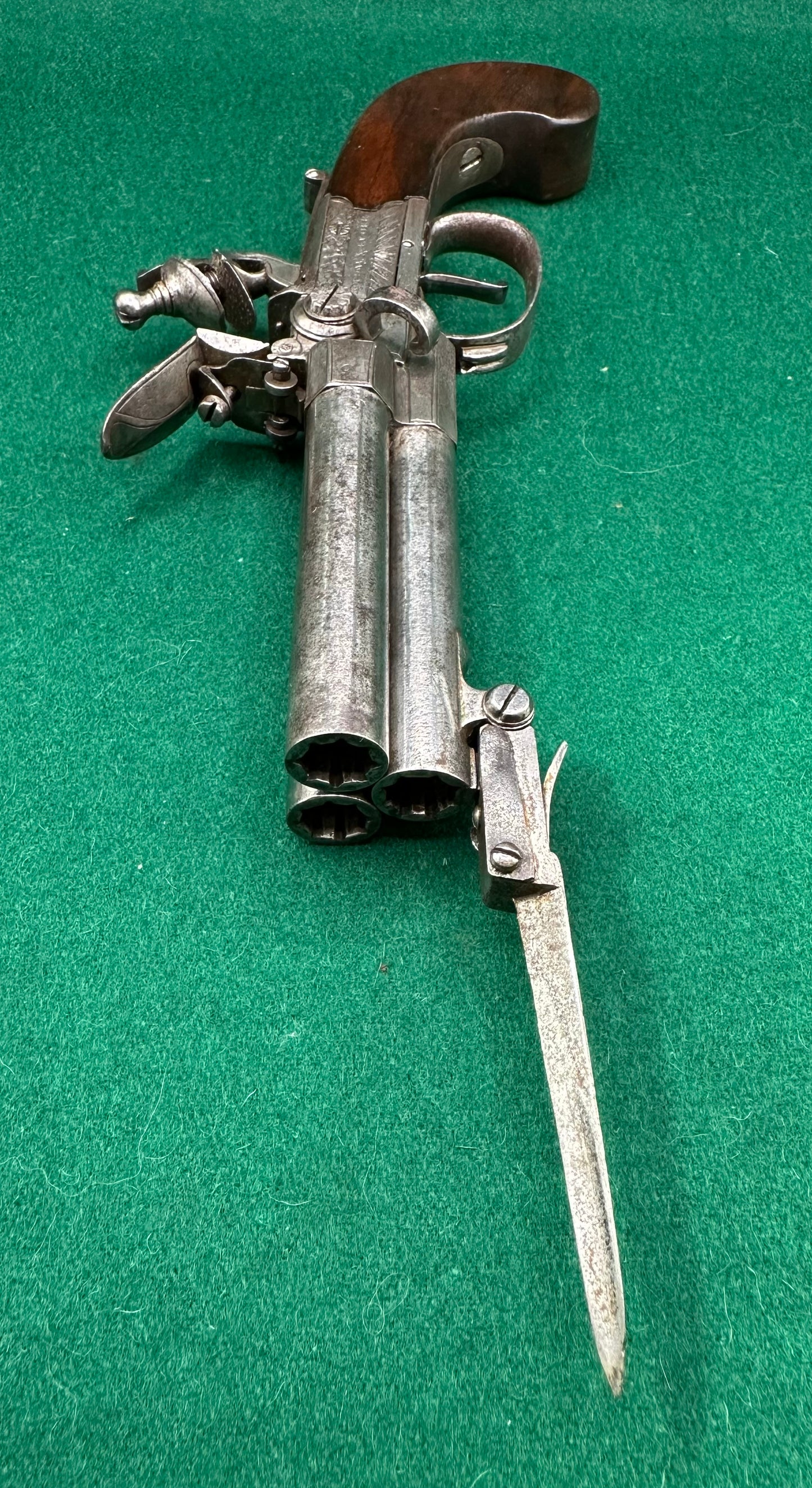 Rare Triple Barrelled Boxlock Flintlock Pistol With Underslung Spring Bayonet