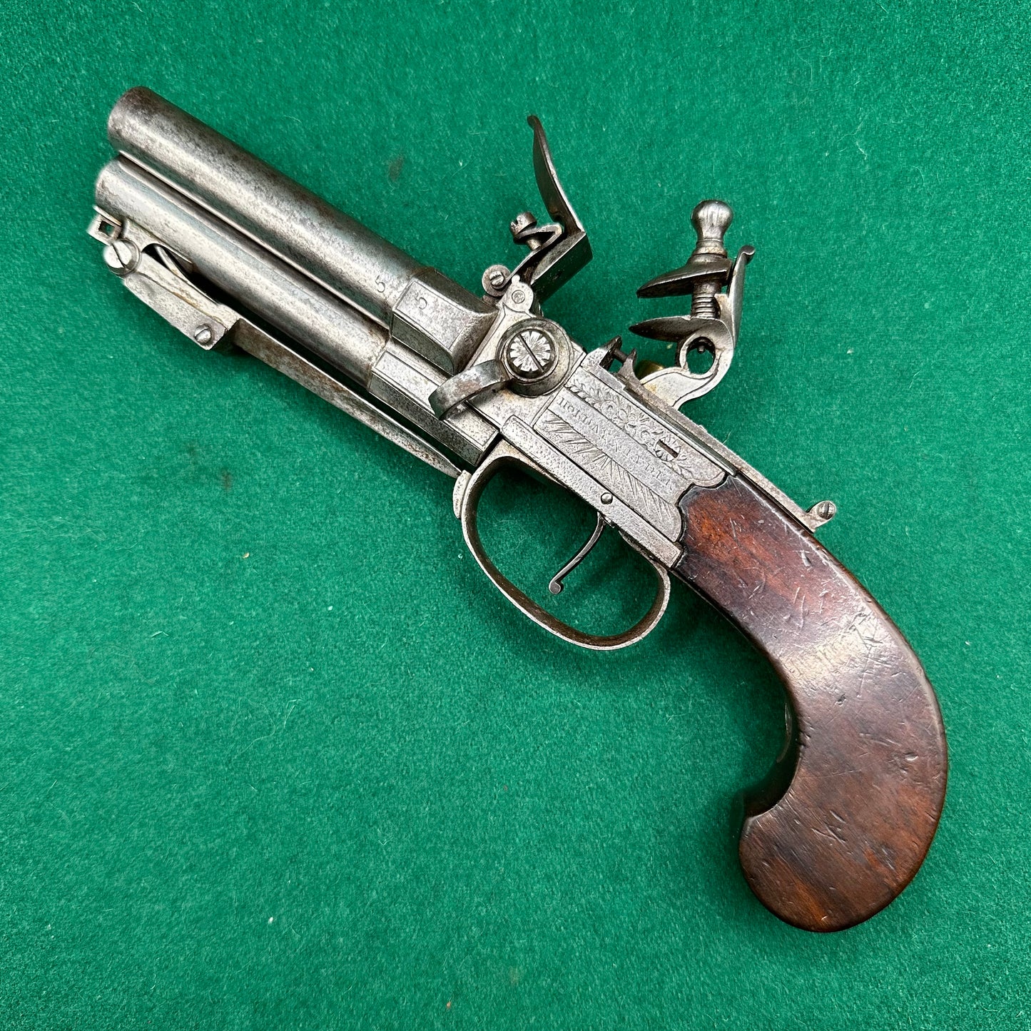 Rare Triple Barrelled Boxlock Flintlock Pistol With Underslung Spring Bayonet