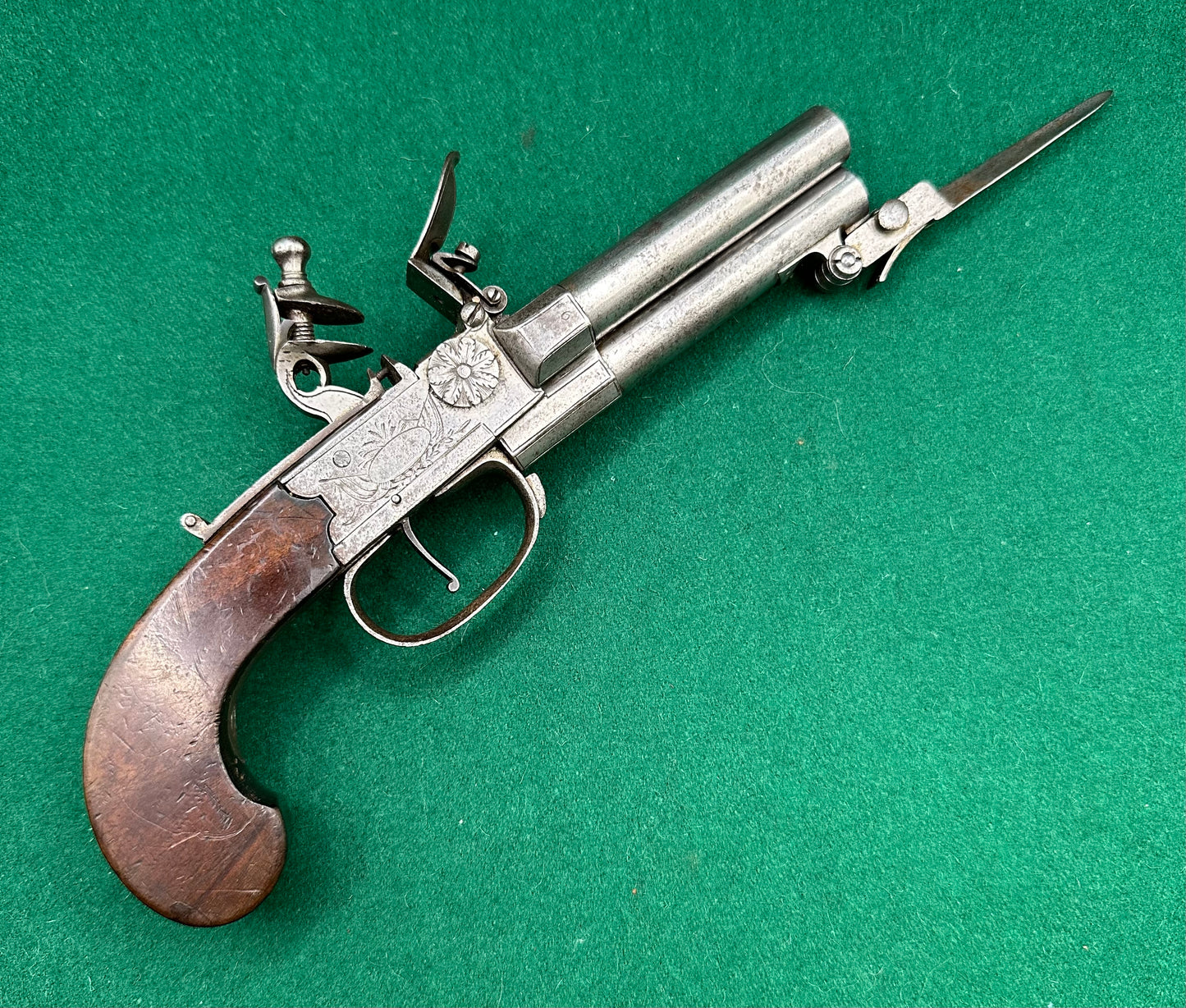 Rare Triple Barrelled Boxlock Flintlock Pistol With Underslung Spring Bayonet