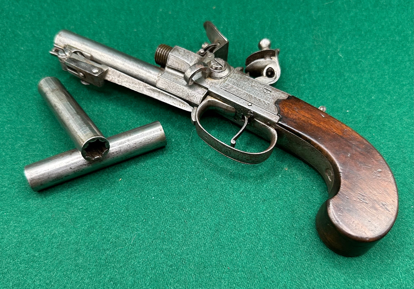 Rare Triple Barrelled Boxlock Flintlock Pistol With Underslung Spring Bayonet
