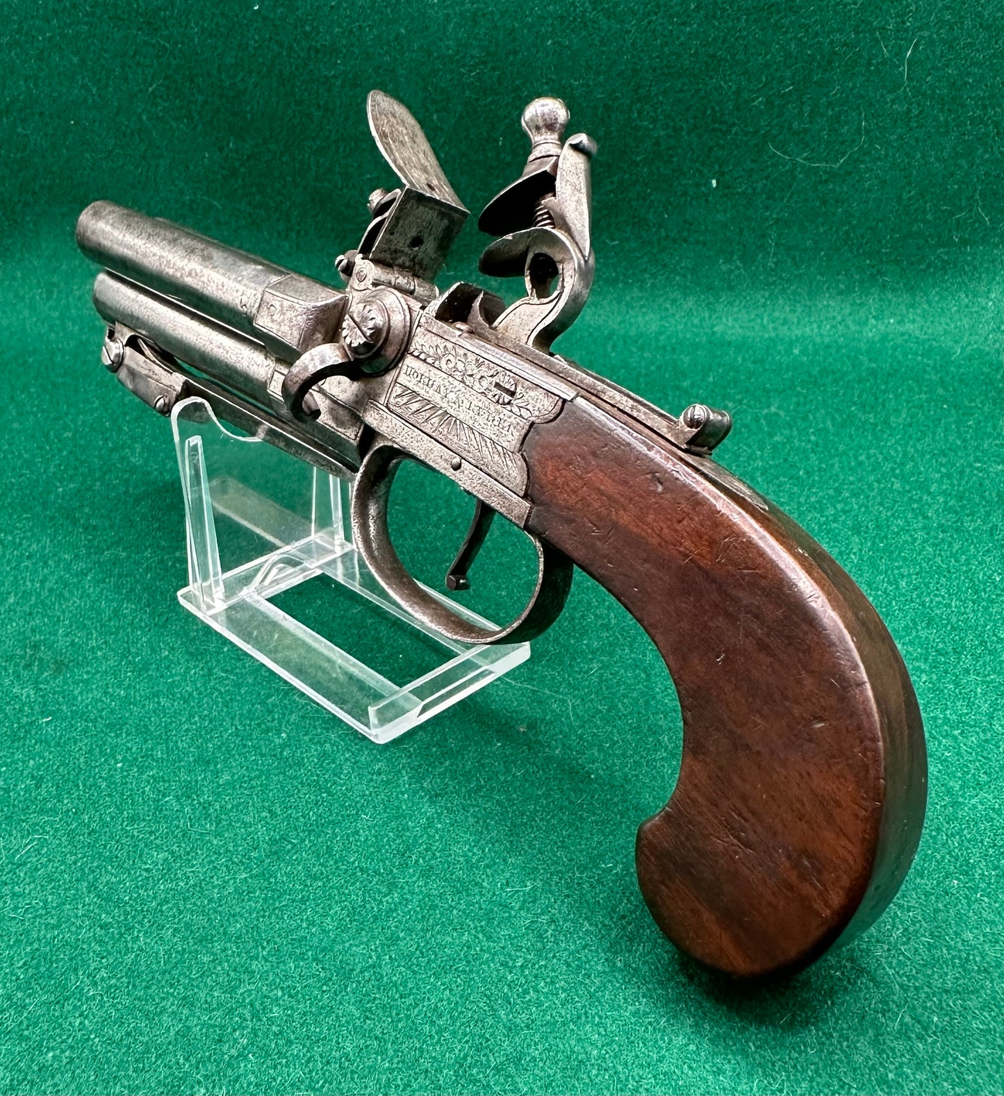 Rare Triple Barrelled Boxlock Flintlock Pistol With Underslung Spring Bayonet