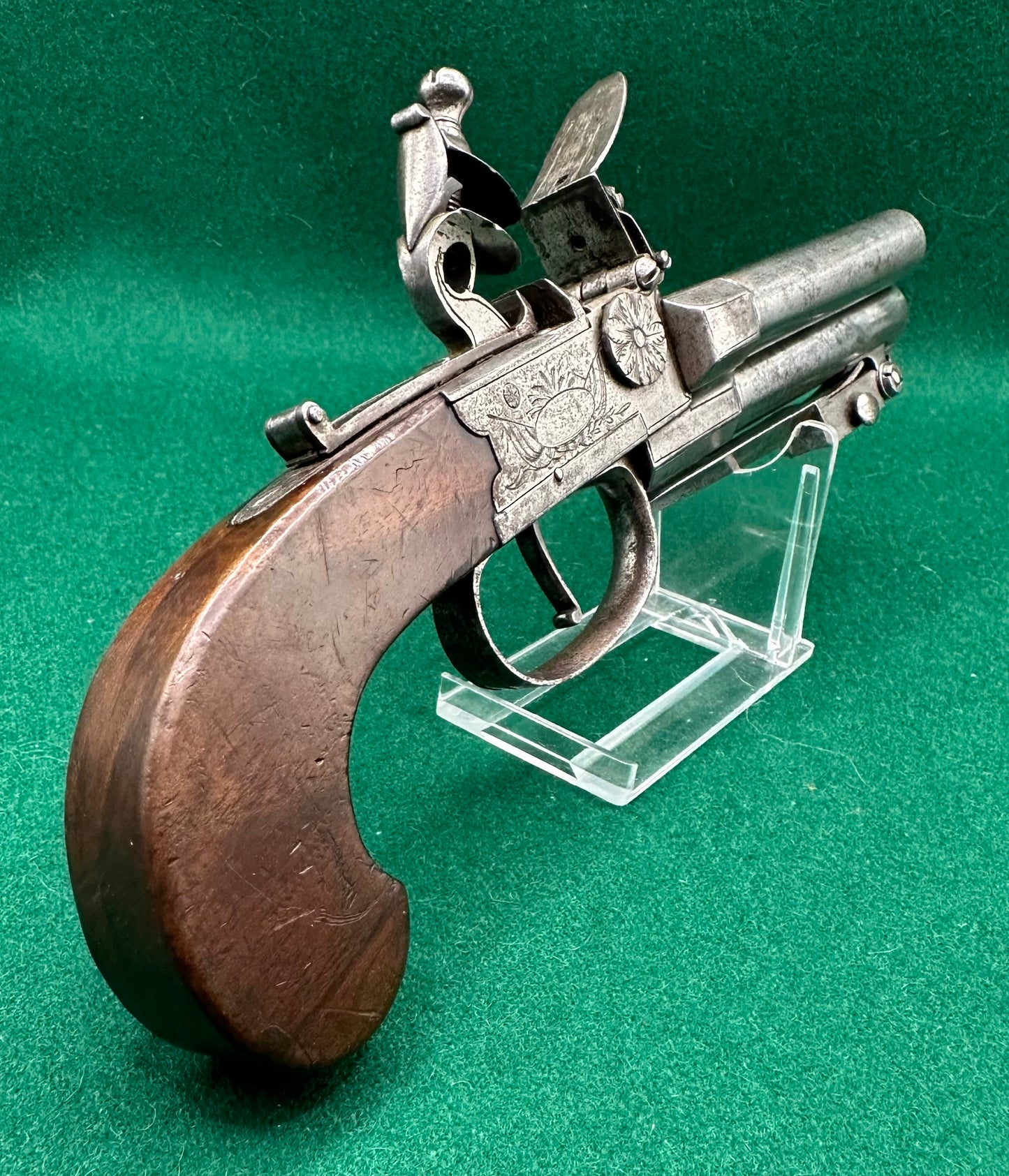 Rare Triple Barrelled Boxlock Flintlock Pistol With Underslung Spring Bayonet