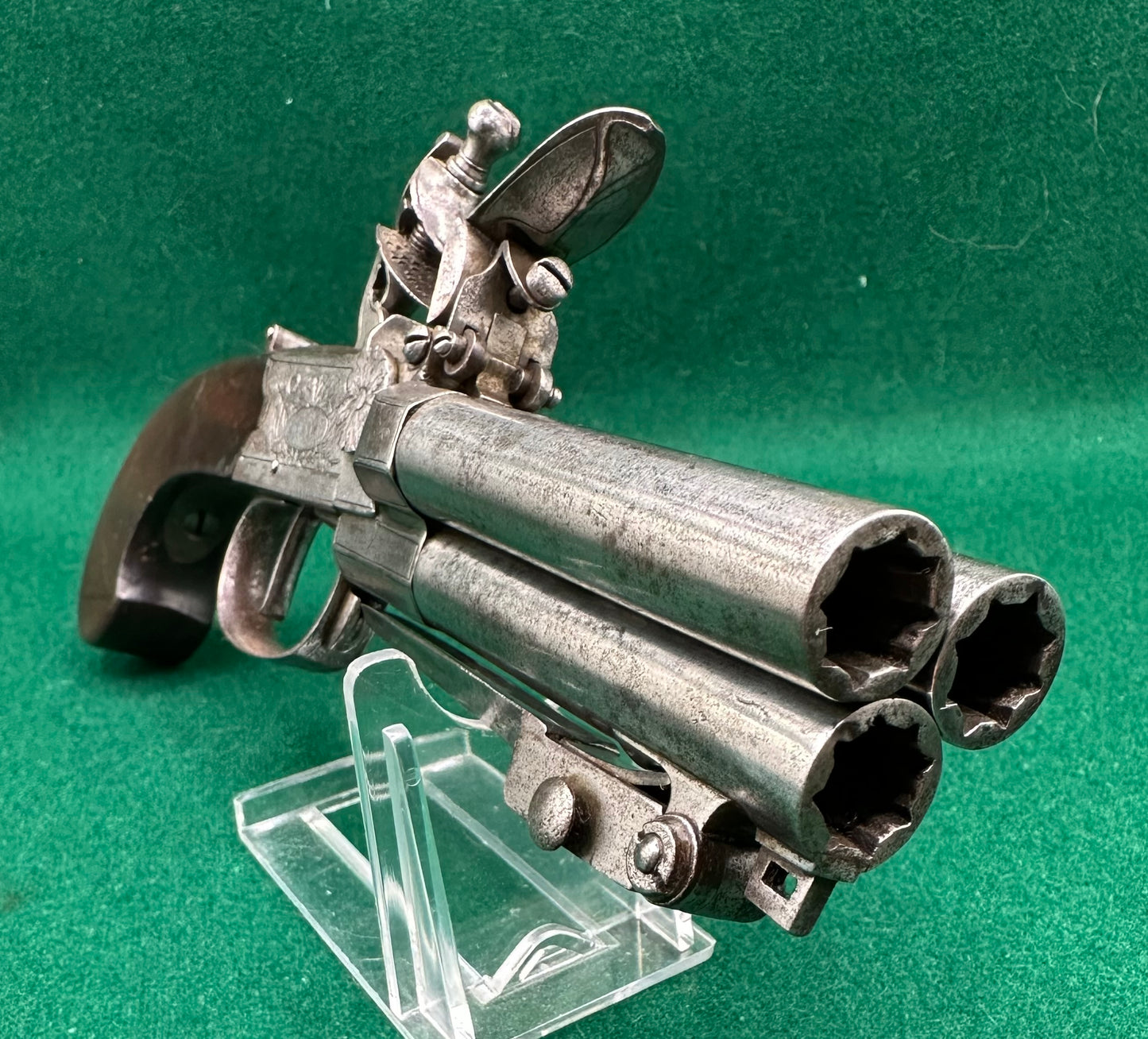 Rare Triple Barrelled Boxlock Flintlock Pistol With Underslung Spring Bayonet
