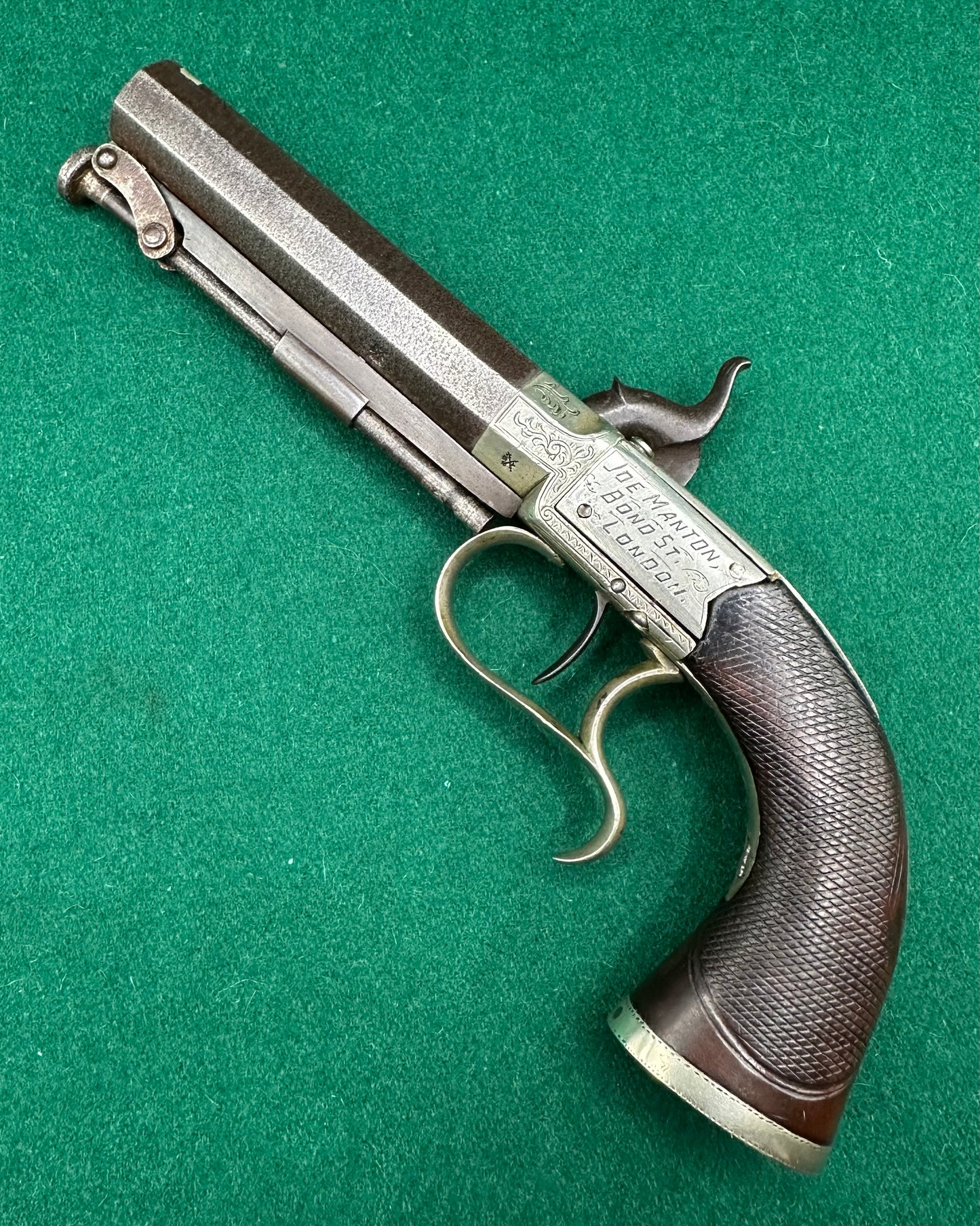 Interesting Side Hammer Boxlock Percussion Cap Overcoat Pistol Engraved C. Chaplin Esq Blankney and Joe Manton, London