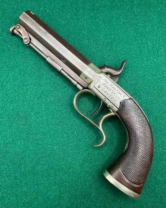 Interesting Side Hammer Boxlock Percussion Cap Overcoat Pistol Engraved C. Chaplin Esq Blankney and Joe Manton, London