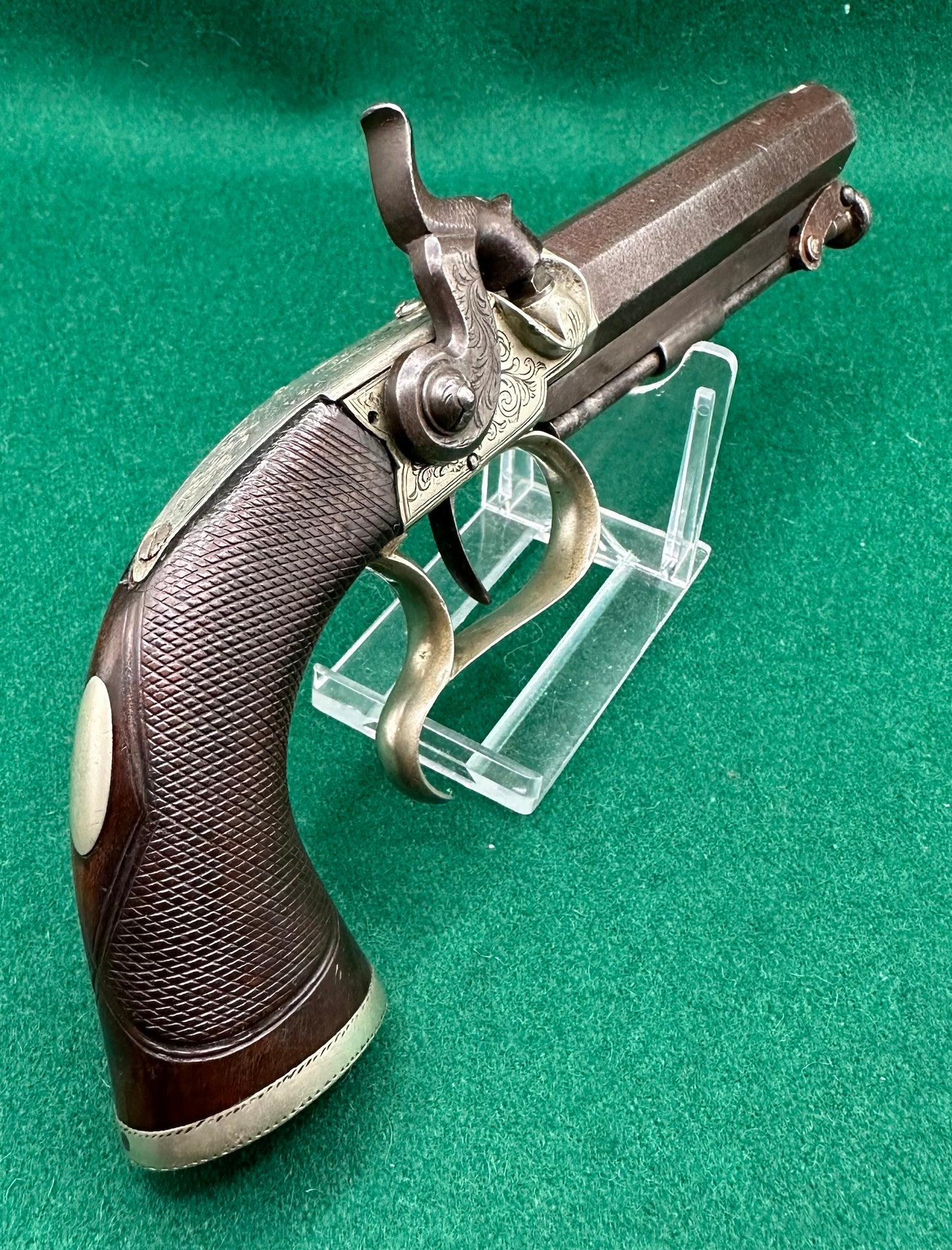 Interesting Side Hammer Boxlock Percussion Cap Overcoat Pistol Engraved C. Chaplin Esq Blankney and Joe Manton, London
