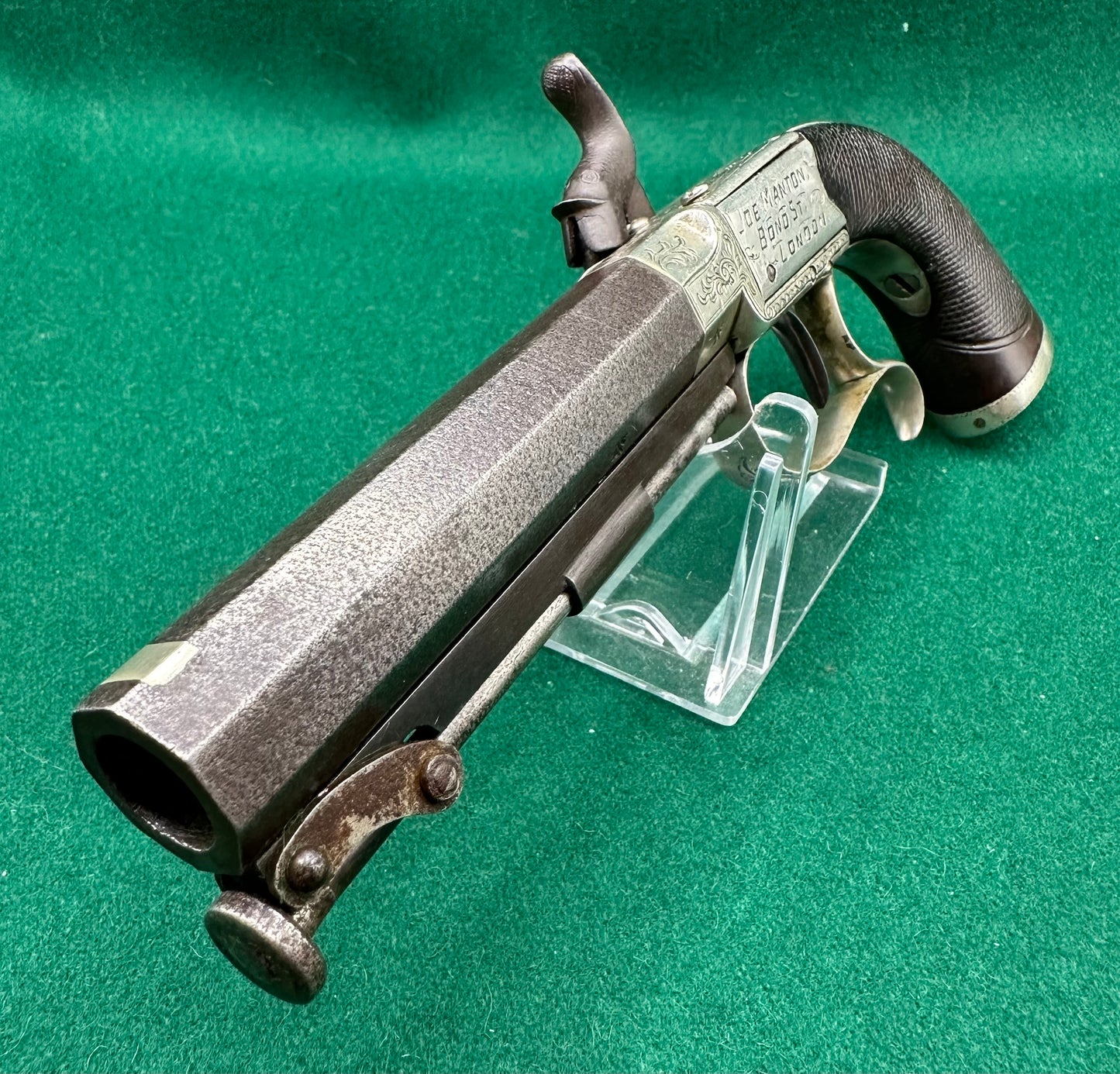 Interesting Side Hammer Boxlock Percussion Cap Overcoat Pistol Engraved C. Chaplin Esq Blankney and Joe Manton, London