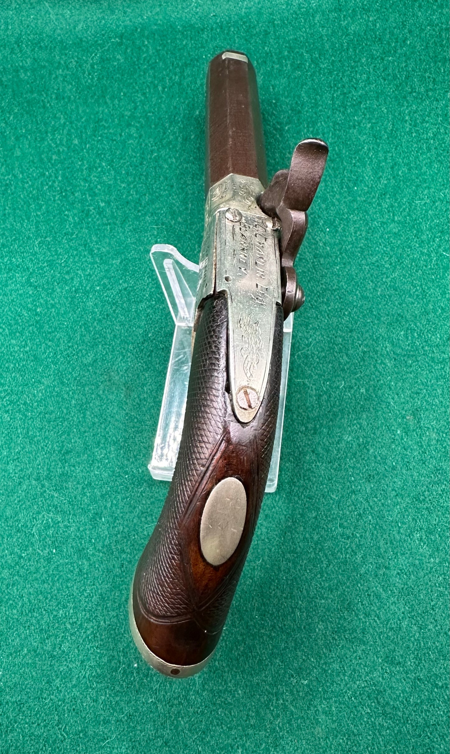 Interesting Side Hammer Boxlock Percussion Cap Overcoat Pistol Engraved C. Chaplin Esq Blankney and Joe Manton, London