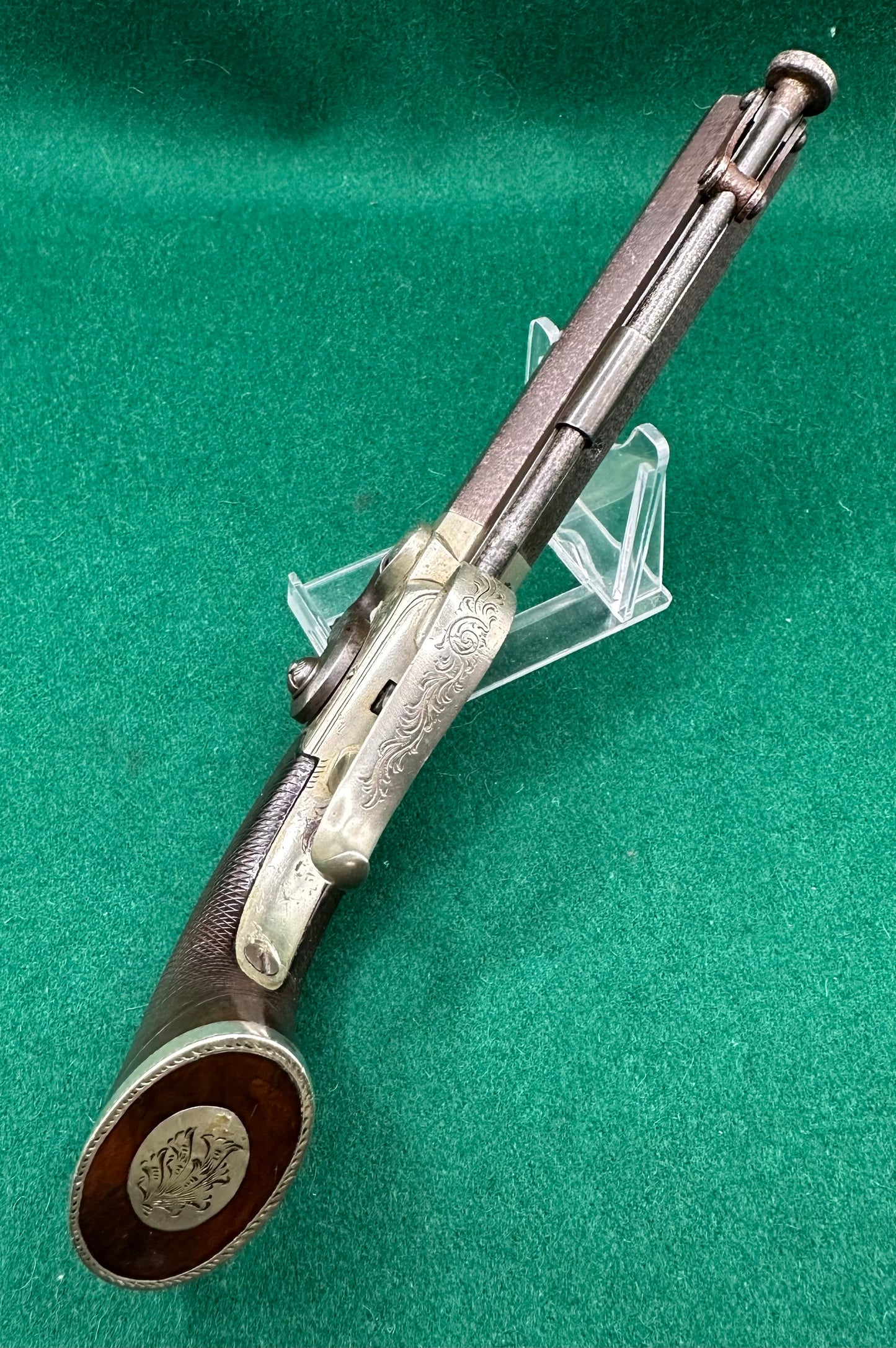 Interesting Side Hammer Boxlock Percussion Cap Overcoat Pistol Engraved C. Chaplin Esq Blankney and Joe Manton, London