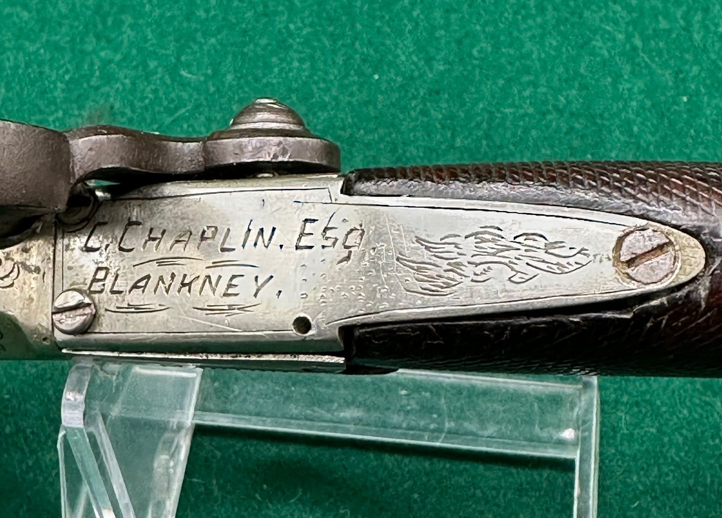 Interesting Side Hammer Boxlock Percussion Cap Overcoat Pistol Engraved C. Chaplin Esq Blankney and Joe Manton, London