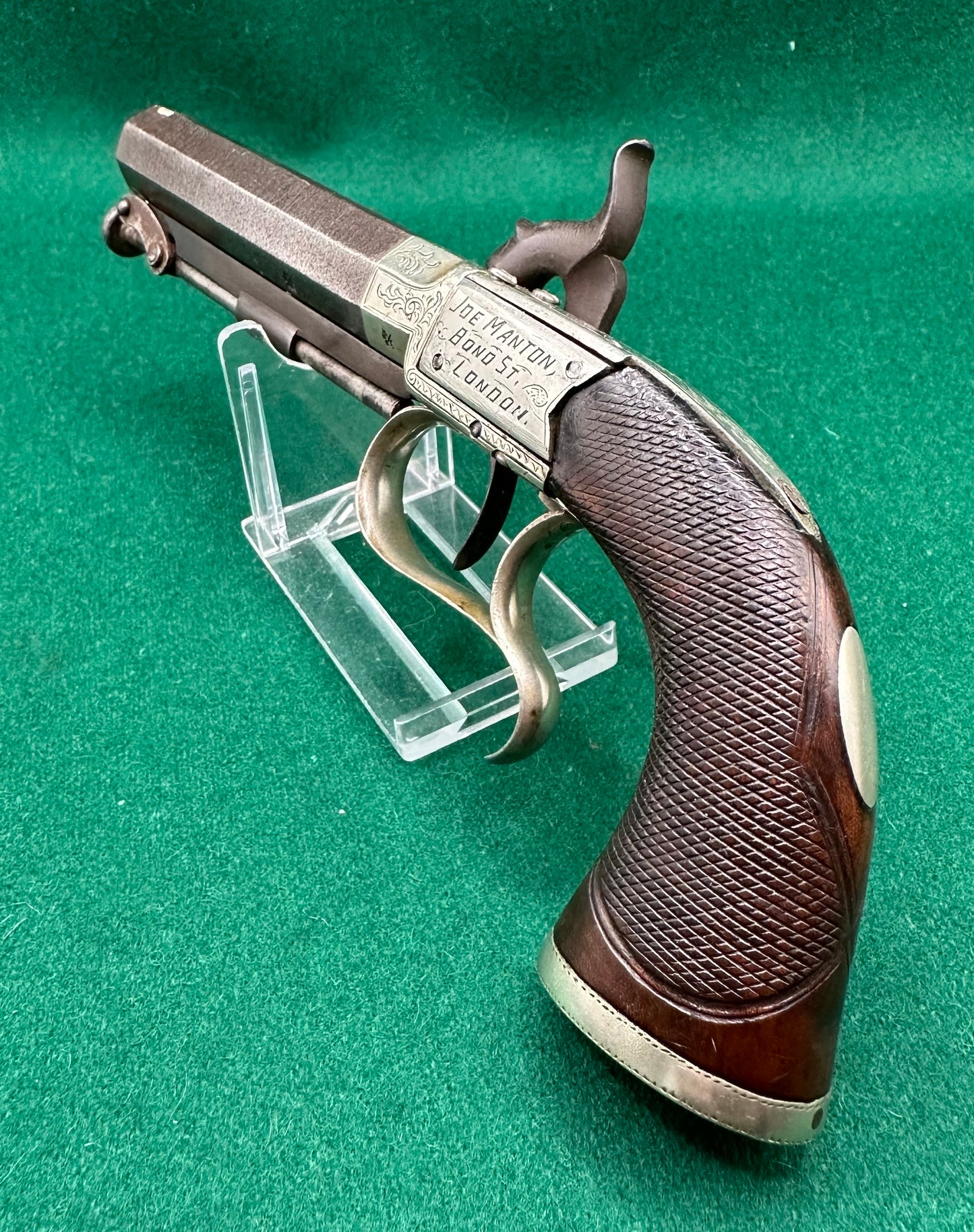 Interesting Side Hammer Boxlock Percussion Cap Overcoat Pistol Engraved C. Chaplin Esq Blankney and Joe Manton, London
