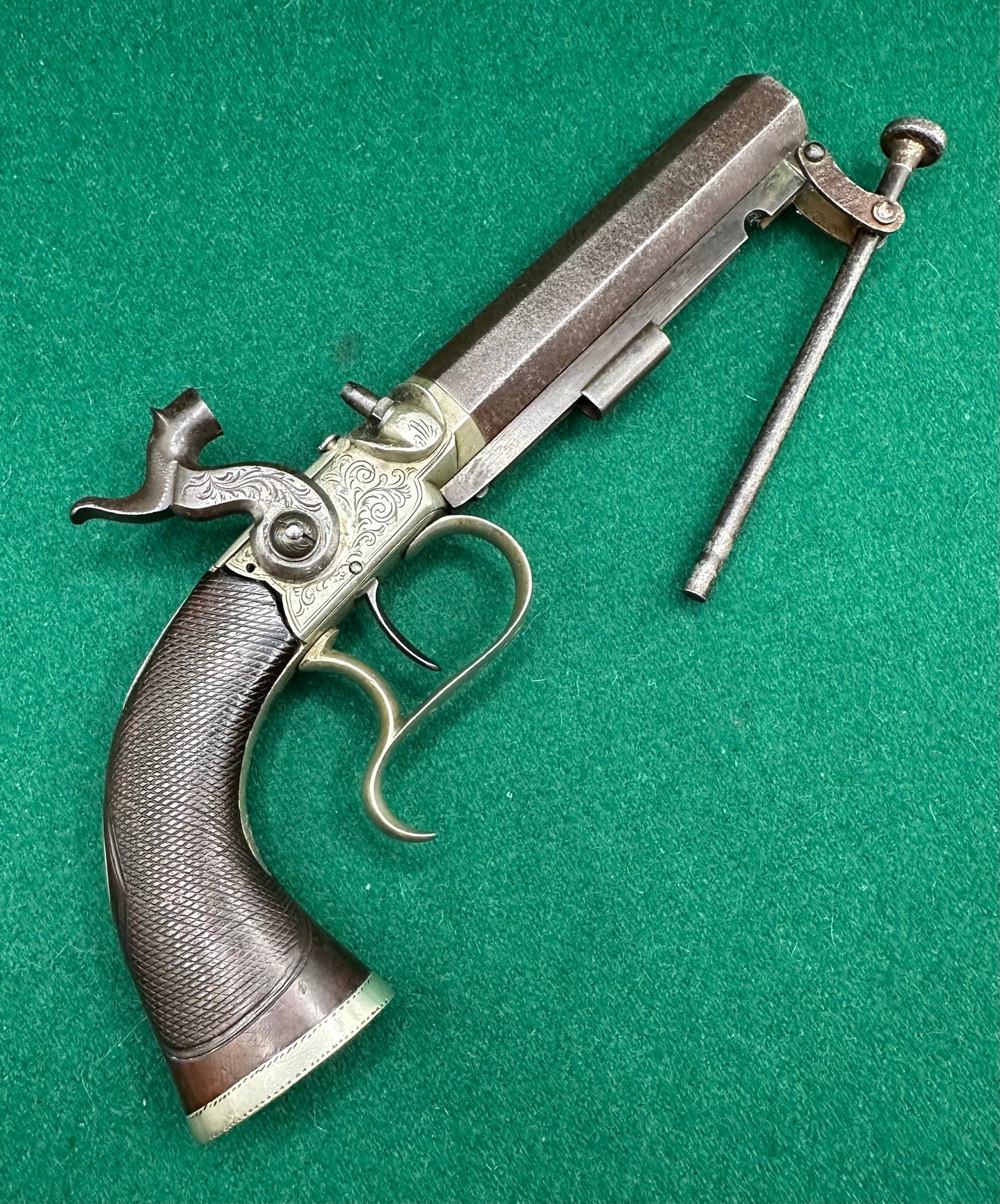 Interesting Side Hammer Boxlock Percussion Cap Overcoat Pistol Engraved C. Chaplin Esq Blankney and Joe Manton, London