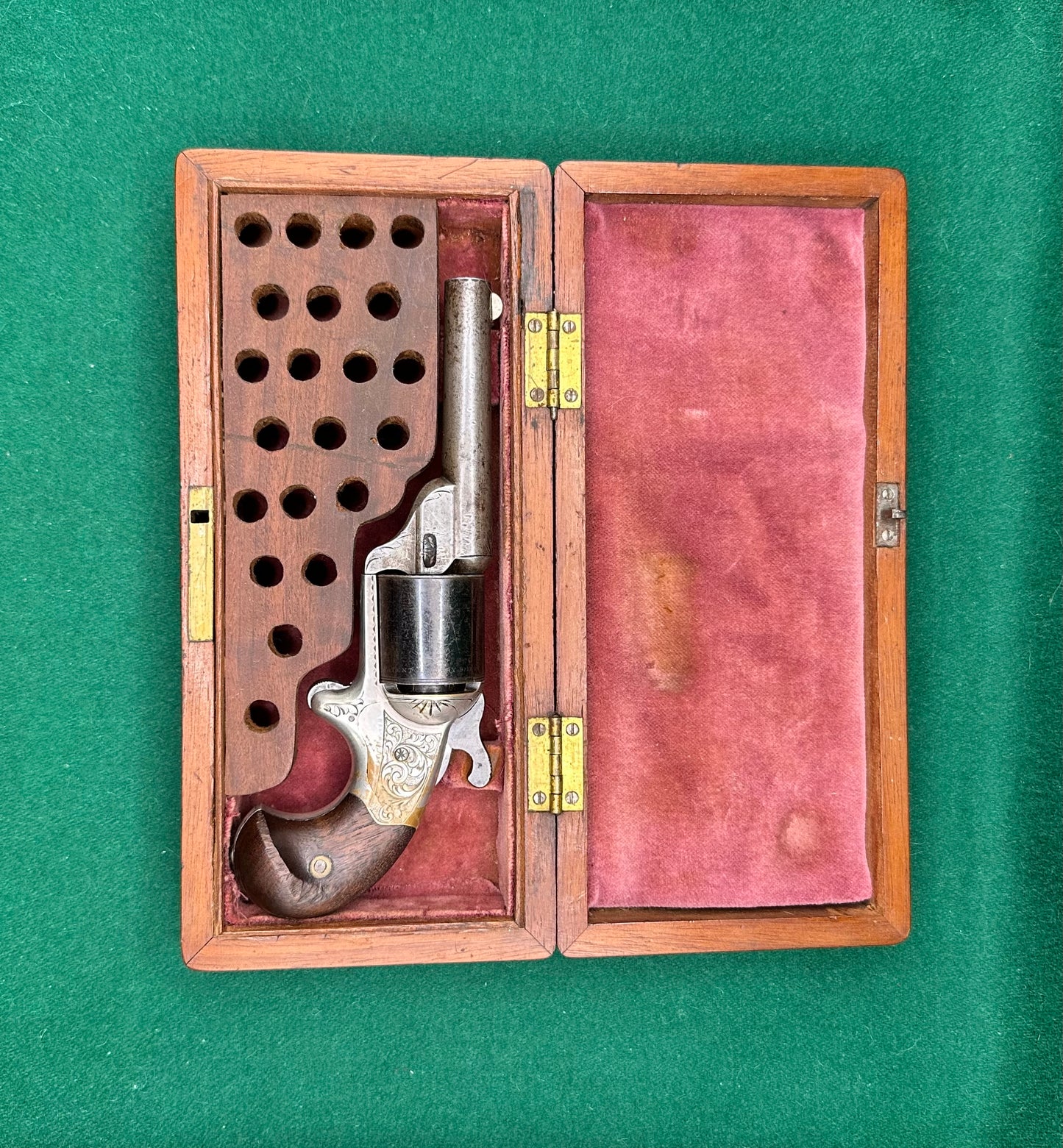 A Cased Moores Patent Teat Fire Pocket Revolver