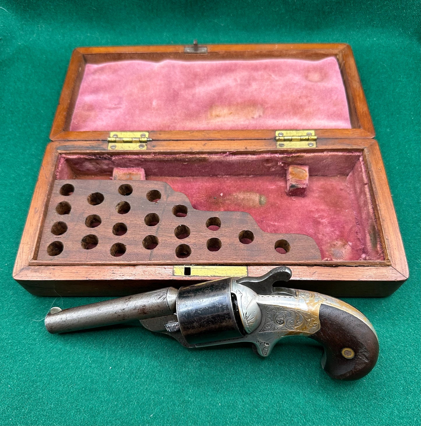 A Cased Moores Patent Teat Fire Pocket Revolver