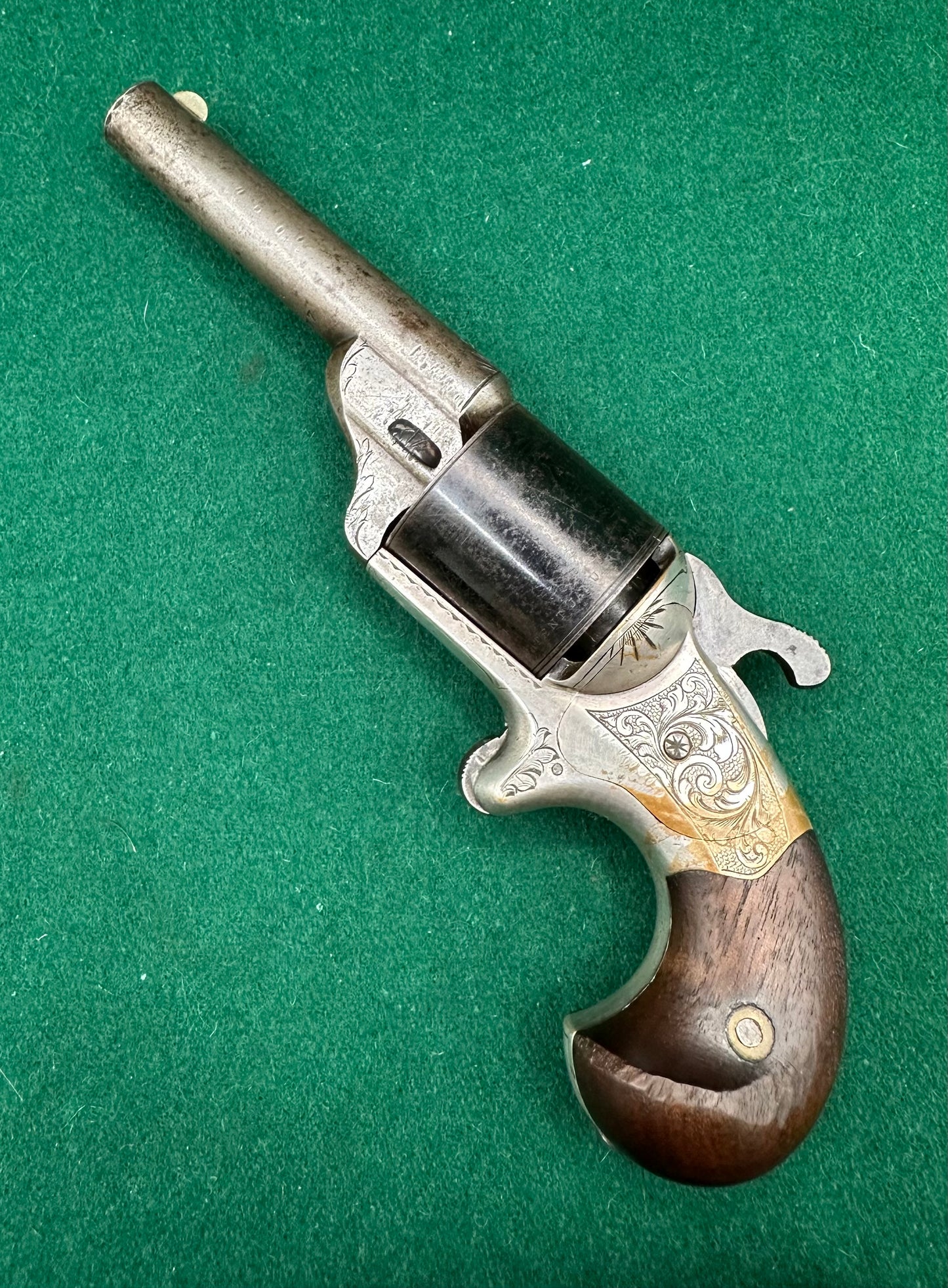 A Cased Moores Patent Teat Fire Pocket Revolver