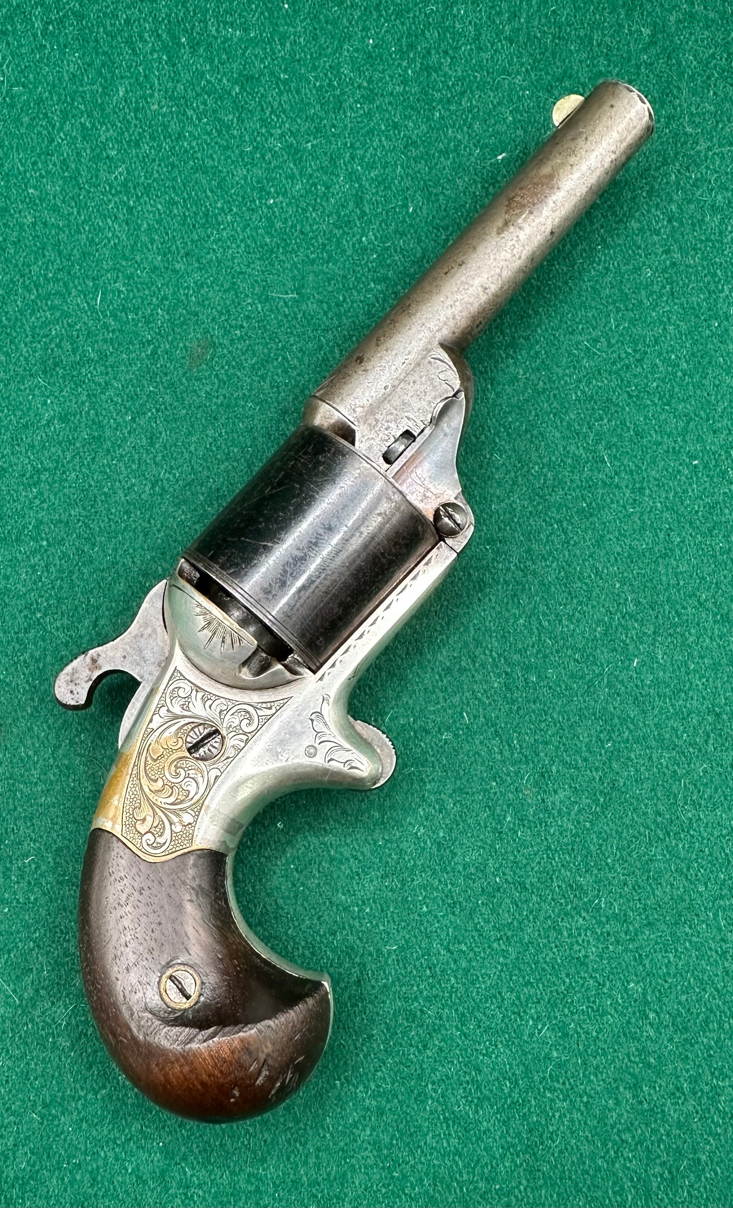 A Cased Moores Patent Teat Fire Pocket Revolver