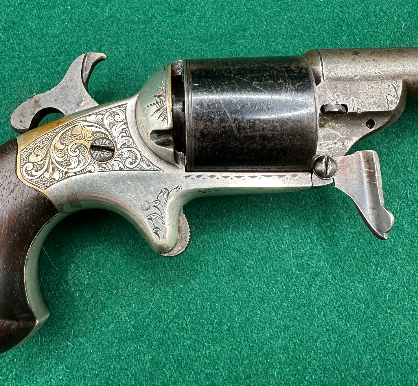 A Cased Moores Patent Teat Fire Pocket Revolver