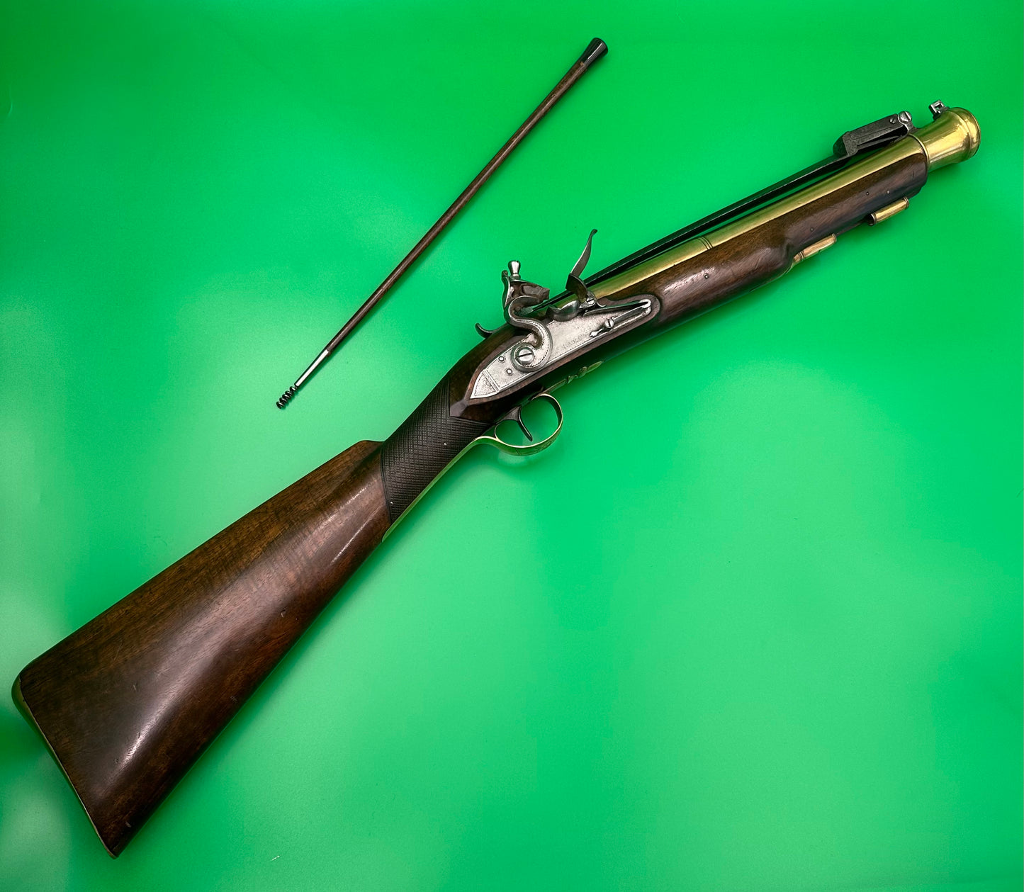 A Handsome Brass Barrelled Flintlock Blunderbuss With A Top Mounted Sprung Bayonet