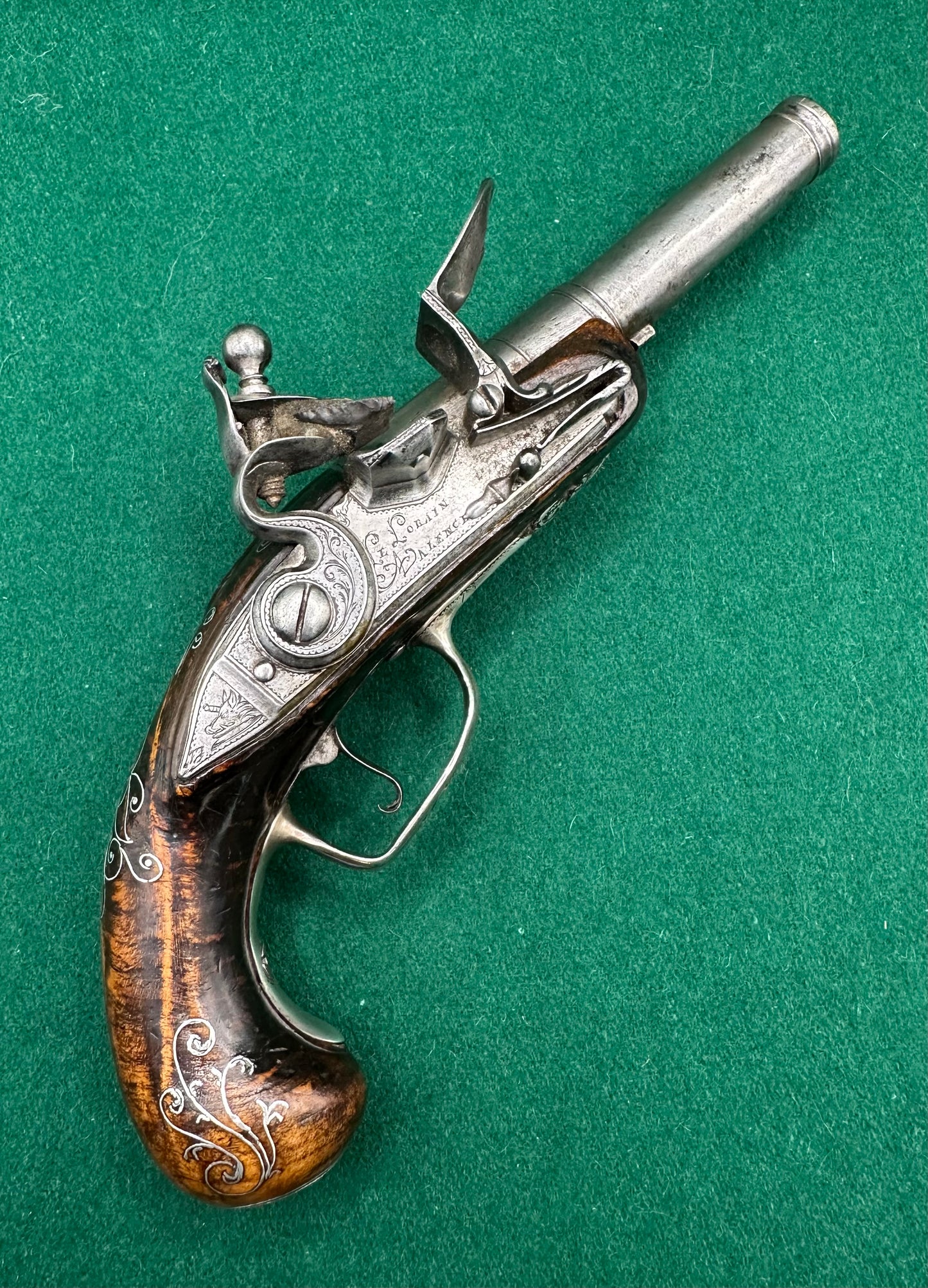 Stunning Silver Mounted French Overcoat Flintlock Pistol Signed Le Lorain A Valence