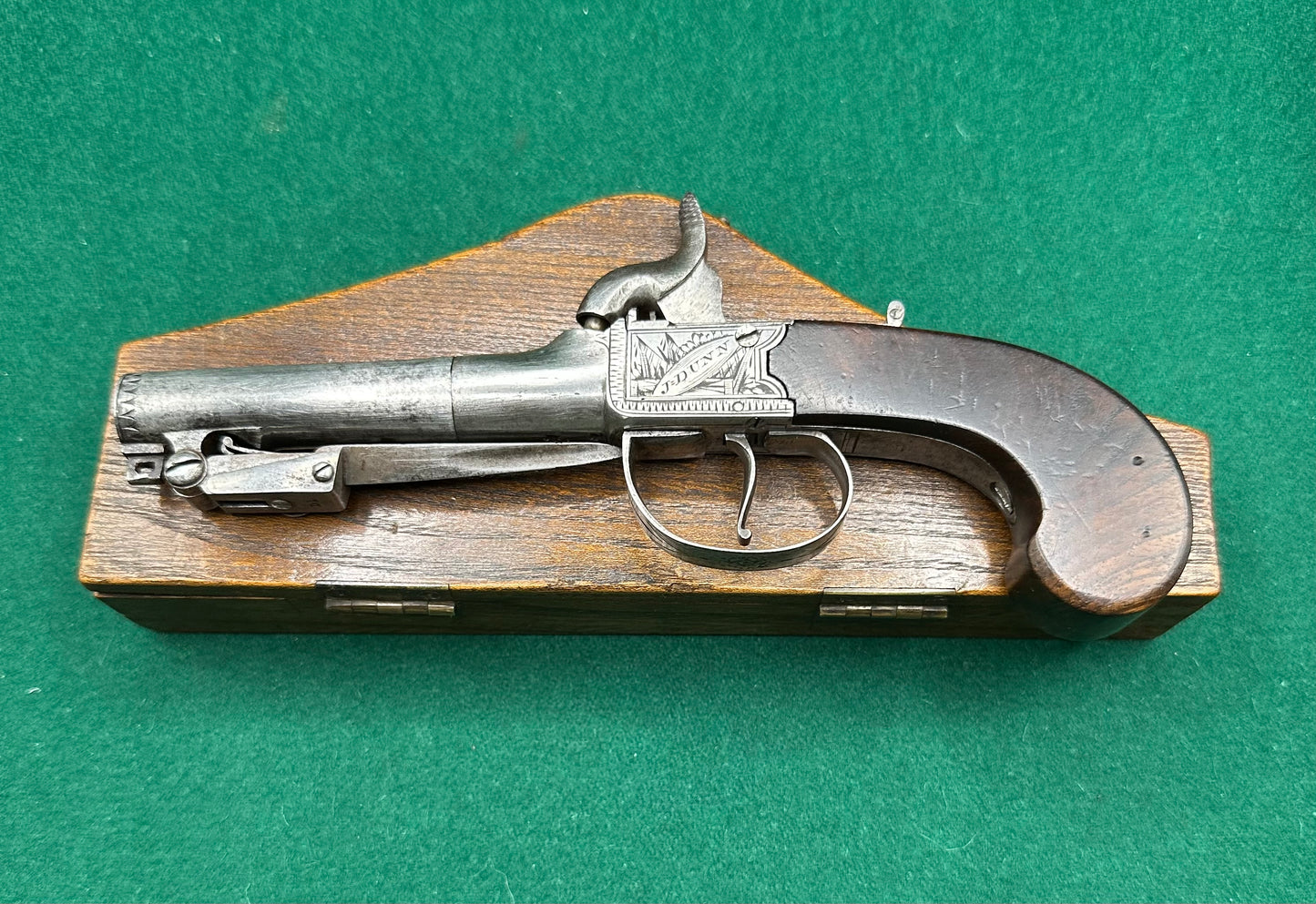 Cased Percussion Cap Boxlock Pocket Pistol With Spring Bayonet By J Dunn