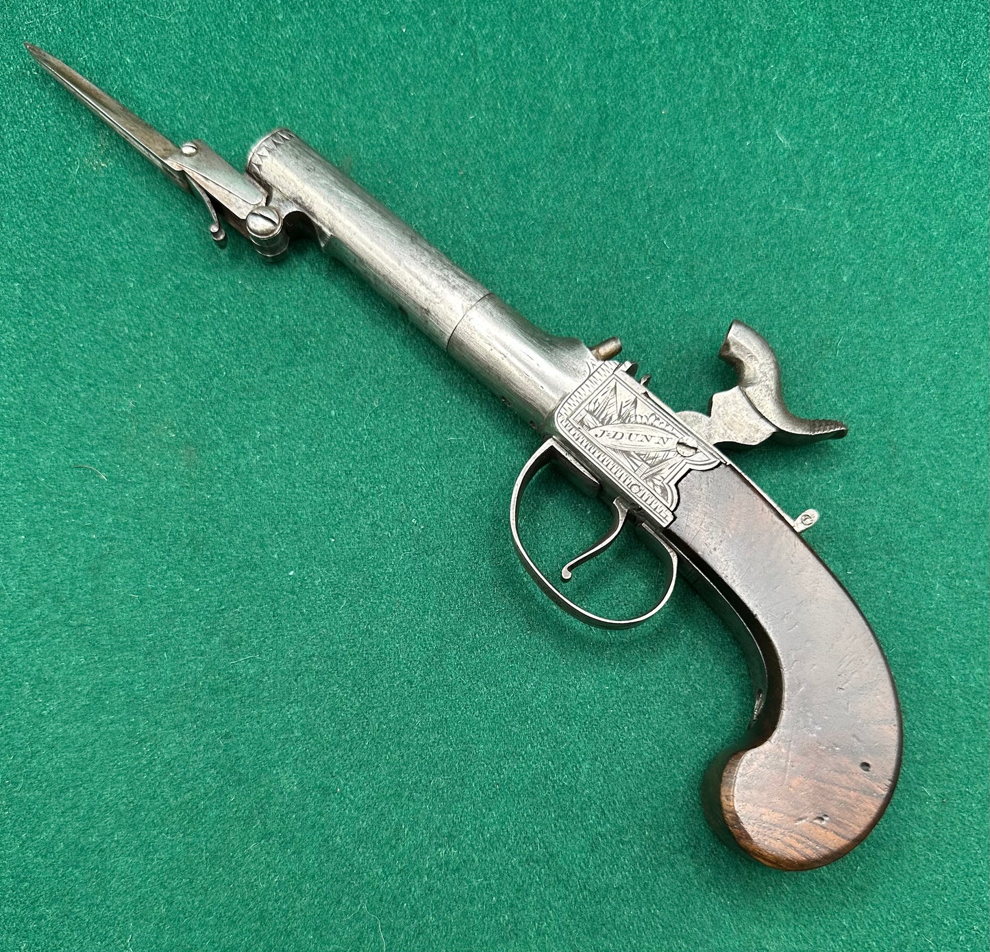 Cased Percussion Cap Boxlock Pocket Pistol With Spring Bayonet By J Dunn