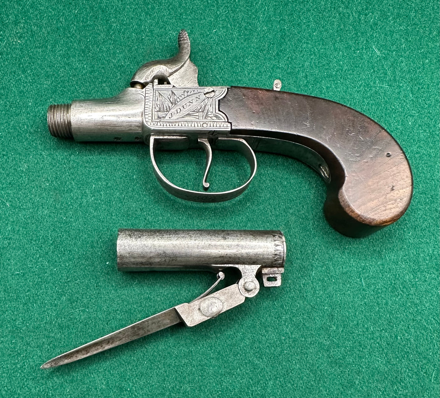 Cased Percussion Cap Boxlock Pocket Pistol With Spring Bayonet By J Dunn
