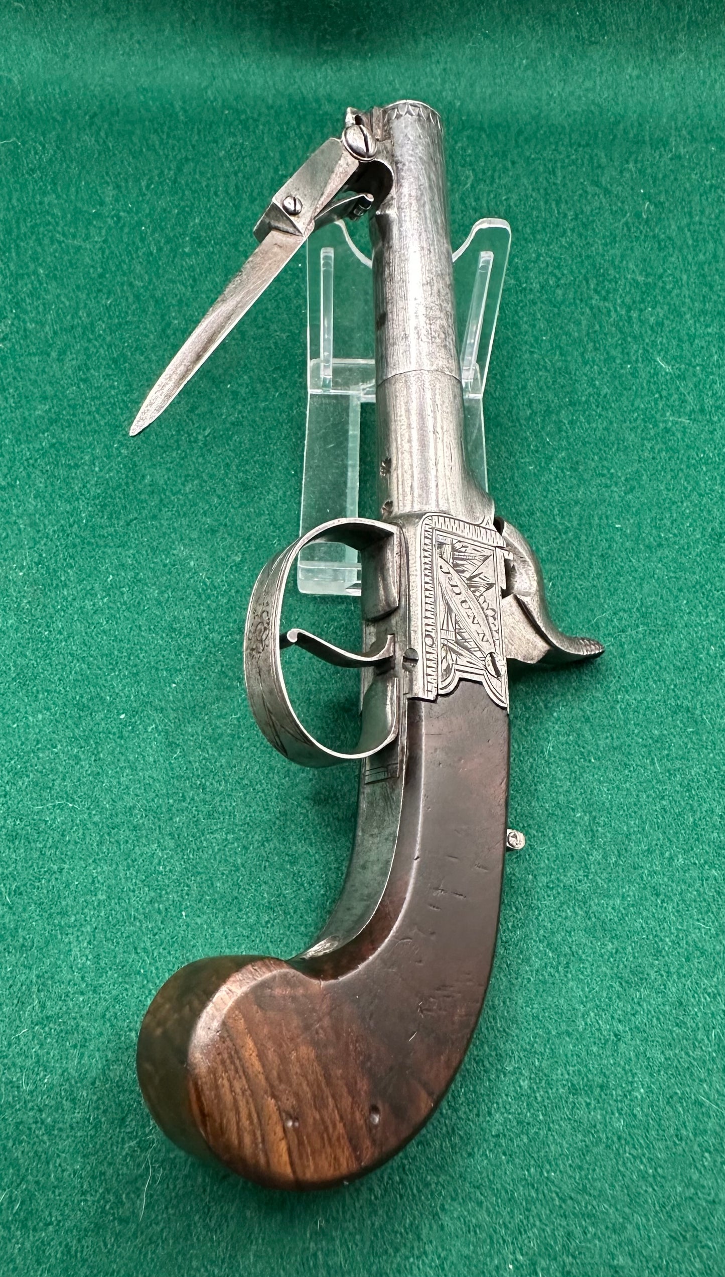 Cased Percussion Cap Boxlock Pocket Pistol With Spring Bayonet By J Dunn