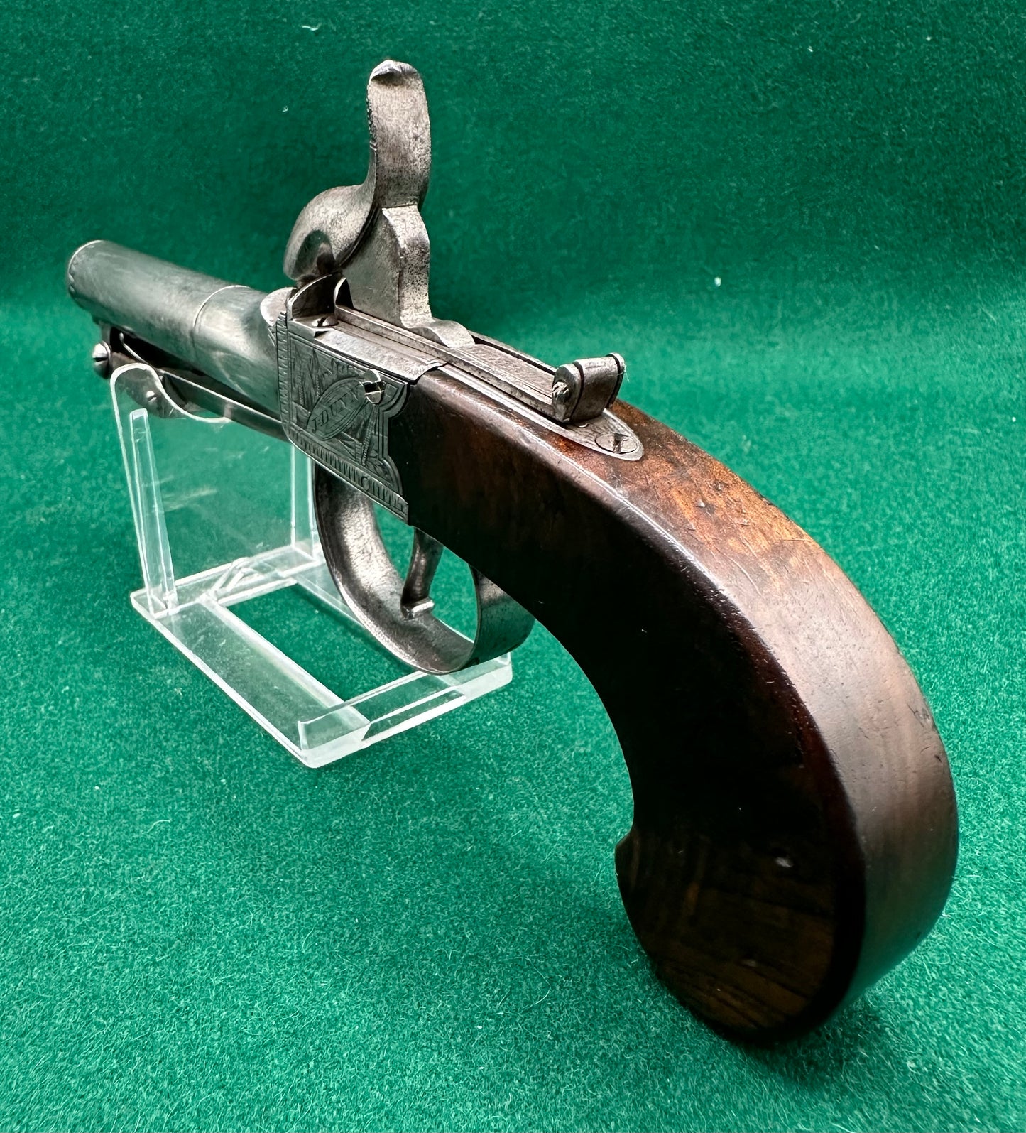 Cased Percussion Cap Boxlock Pocket Pistol With Spring Bayonet By J Dunn