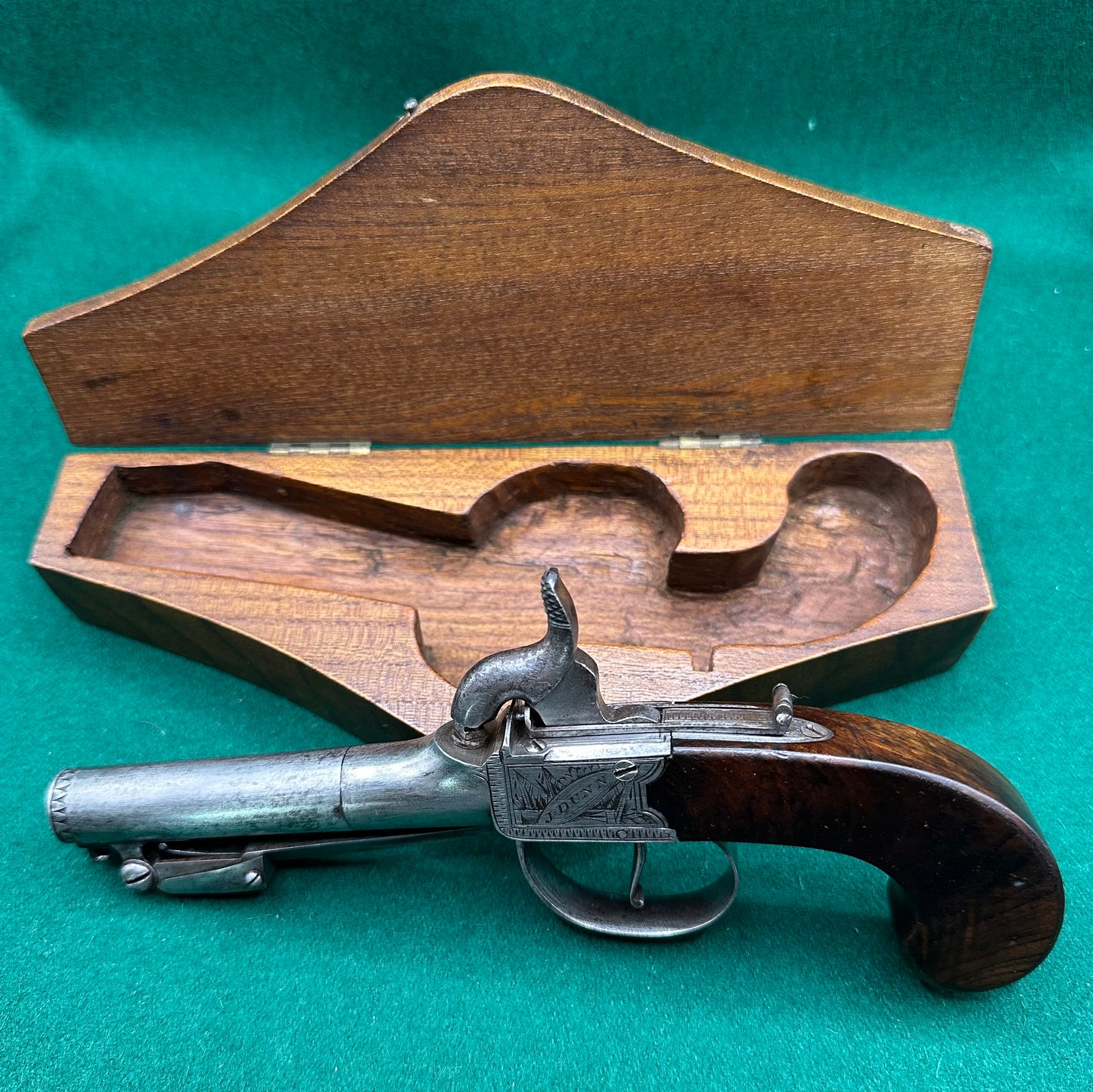 Cased Percussion Cap Boxlock Pocket Pistol With Spring Bayonet By J Dunn