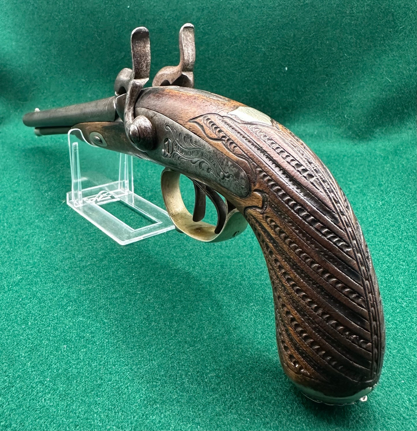 An elegant Half Stocked Double Barrelled Percussion Cap Travelling Pistol