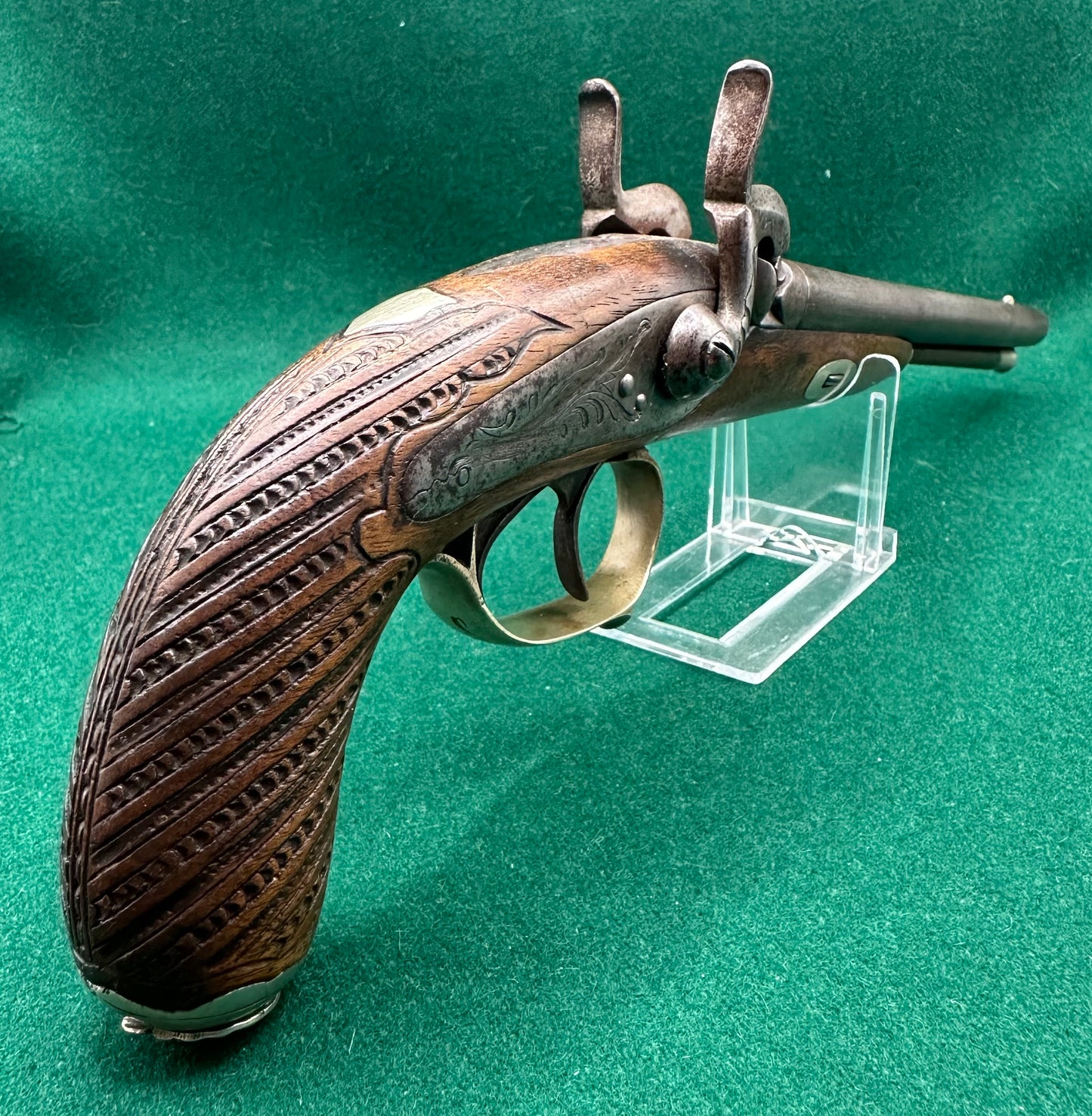 An elegant Half Stocked Double Barrelled Percussion Cap Travelling Pistol