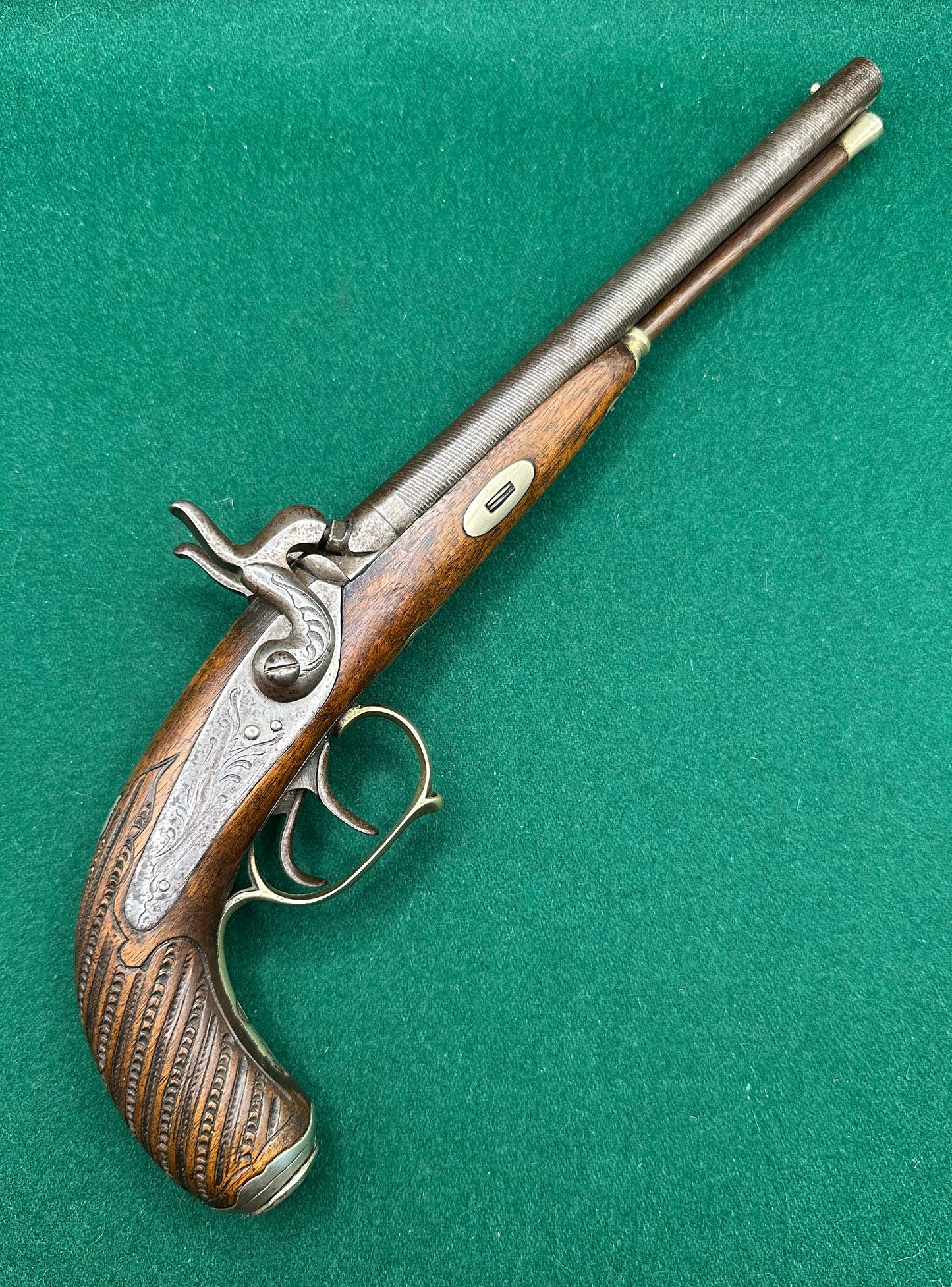 An elegant Half Stocked Double Barrelled Percussion Cap Travelling Pistol